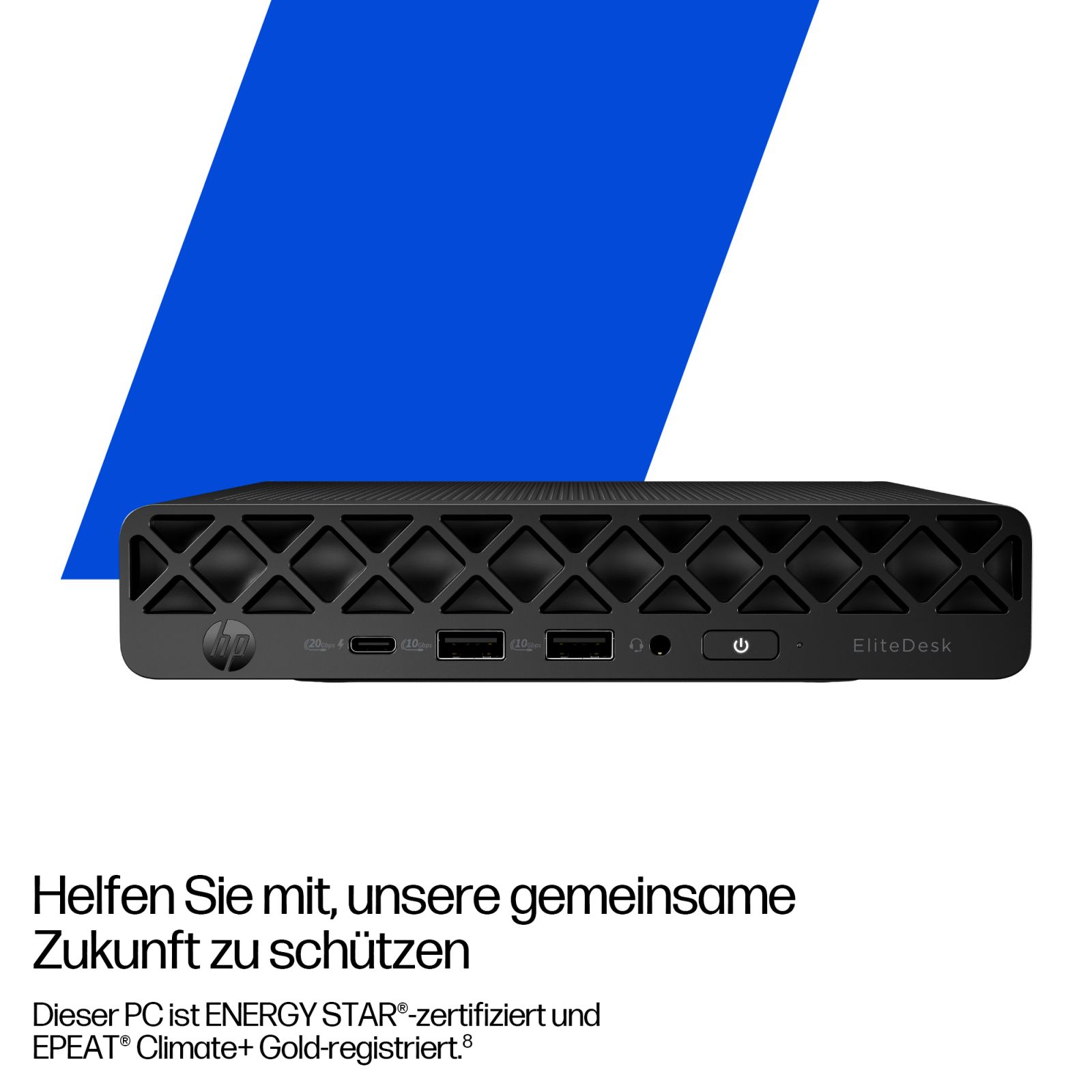 Ein schwarzer HP EliteDesk PC mit Anschlüssen und einem Power-Button.