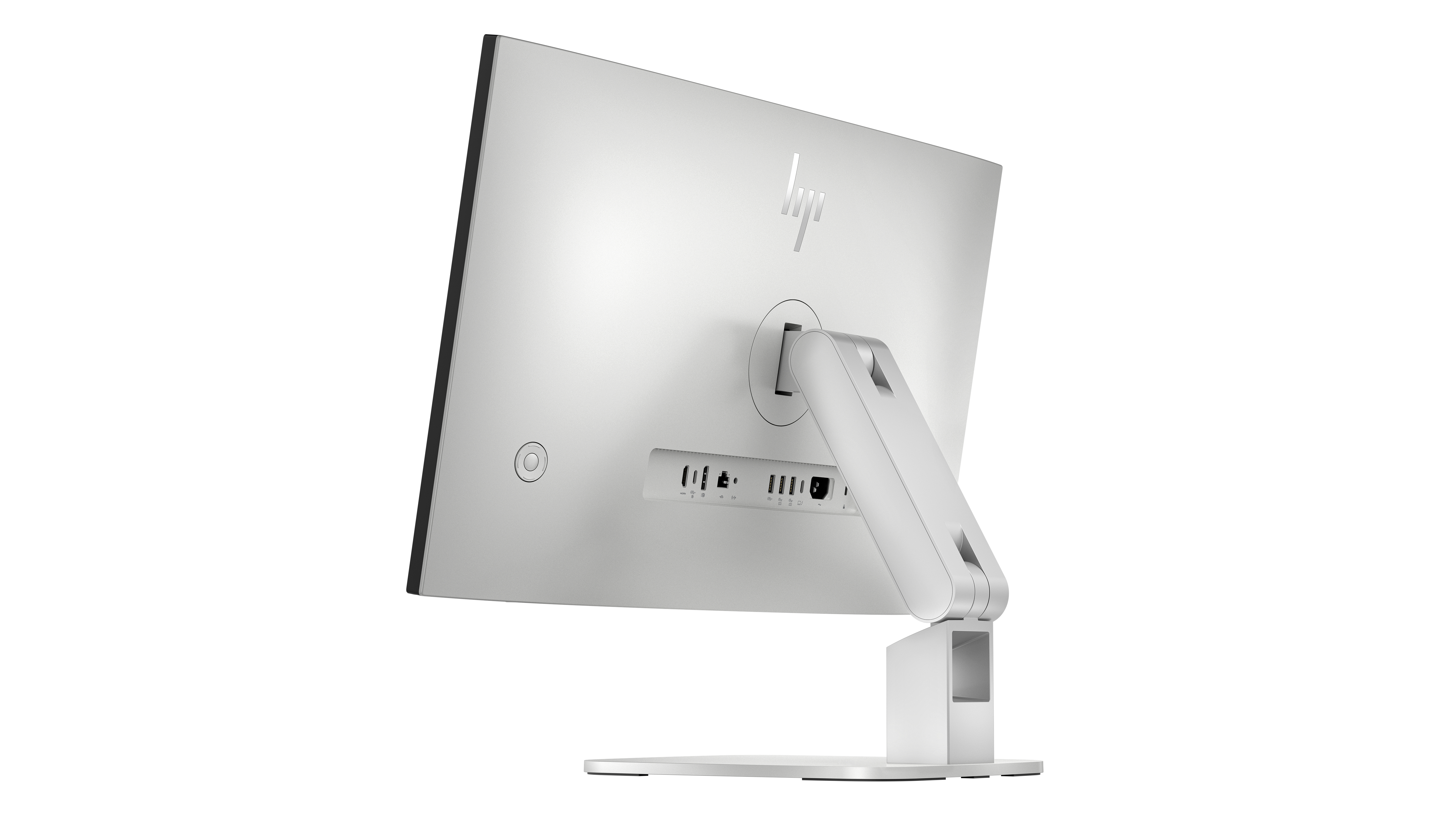 Vista posteriore di un monitor argentato con logo HP e porte.