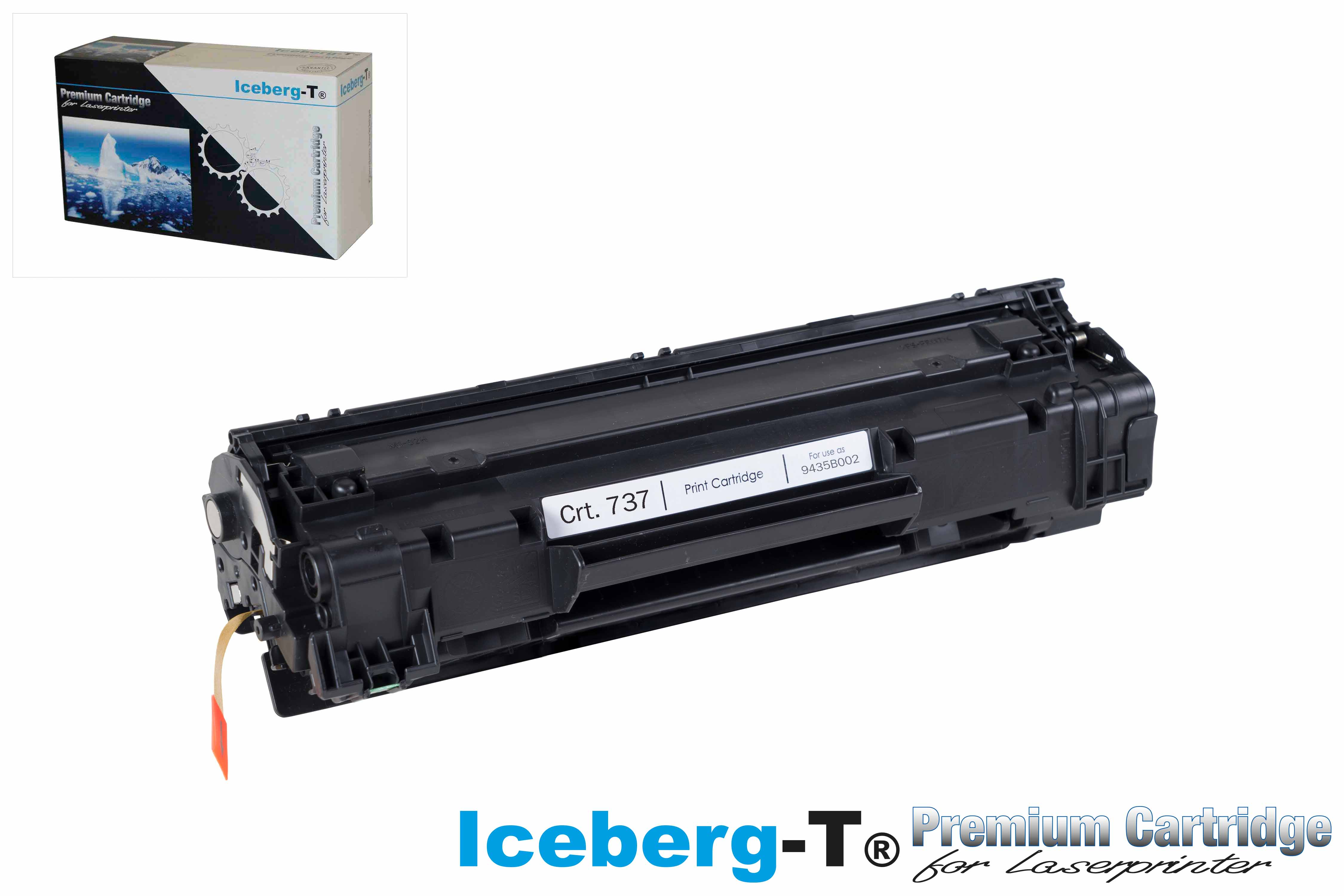 Schwarze Laserdruckerkartusche mit Etikett 'Crt. 737' und Box im Hintergrund.