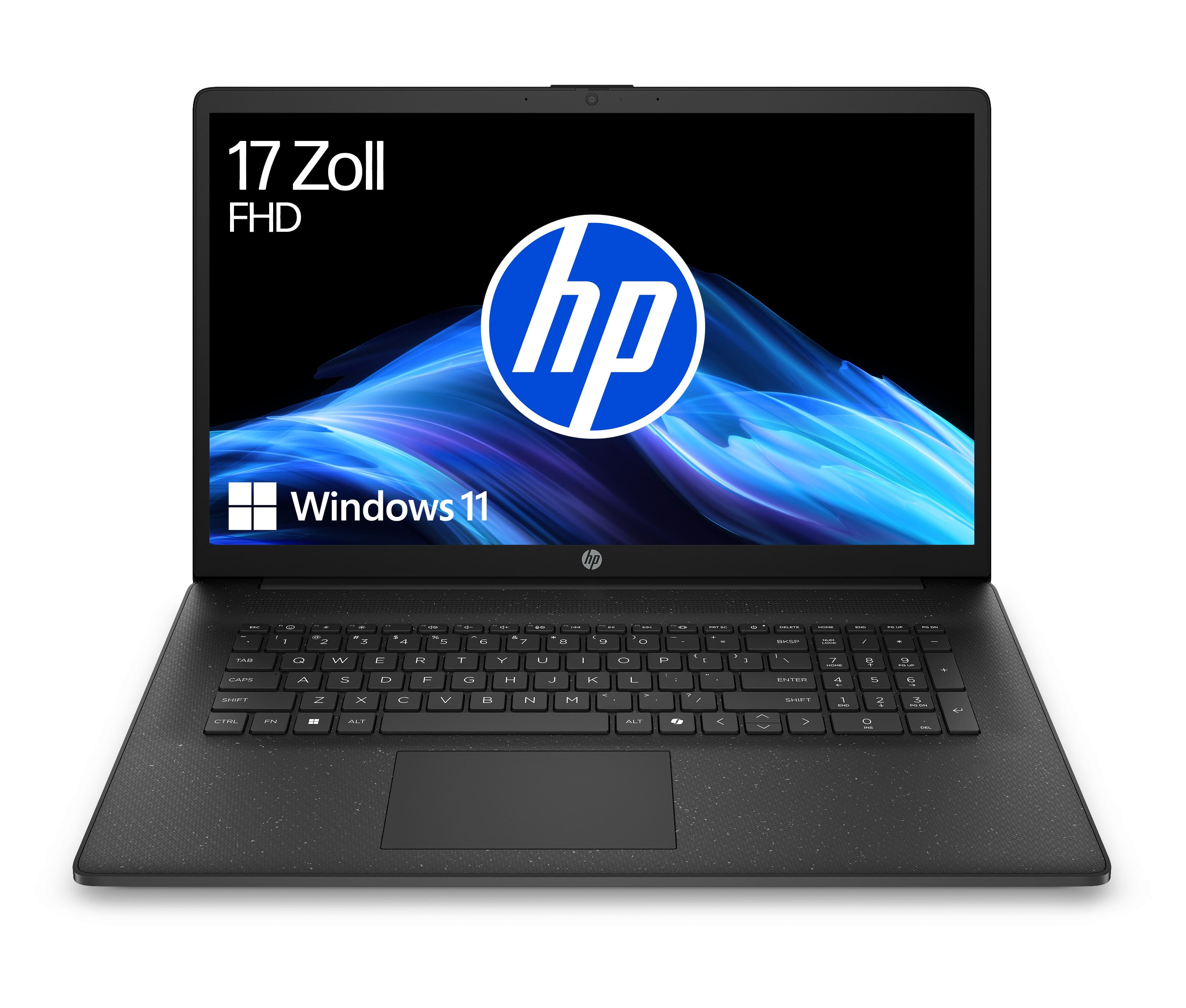 Ein geöffneter schwarzer HP Laptop zeigt "17 Zoll FHD" und das HP Logo auf dem Bildschirm.