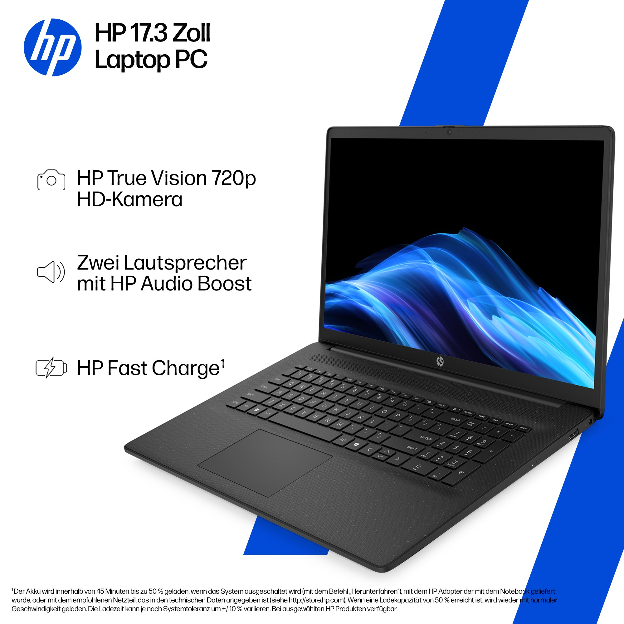 HP 17,3 Zoll Laptop mit HD-Kamera, Lautsprechern und Fast Charge.