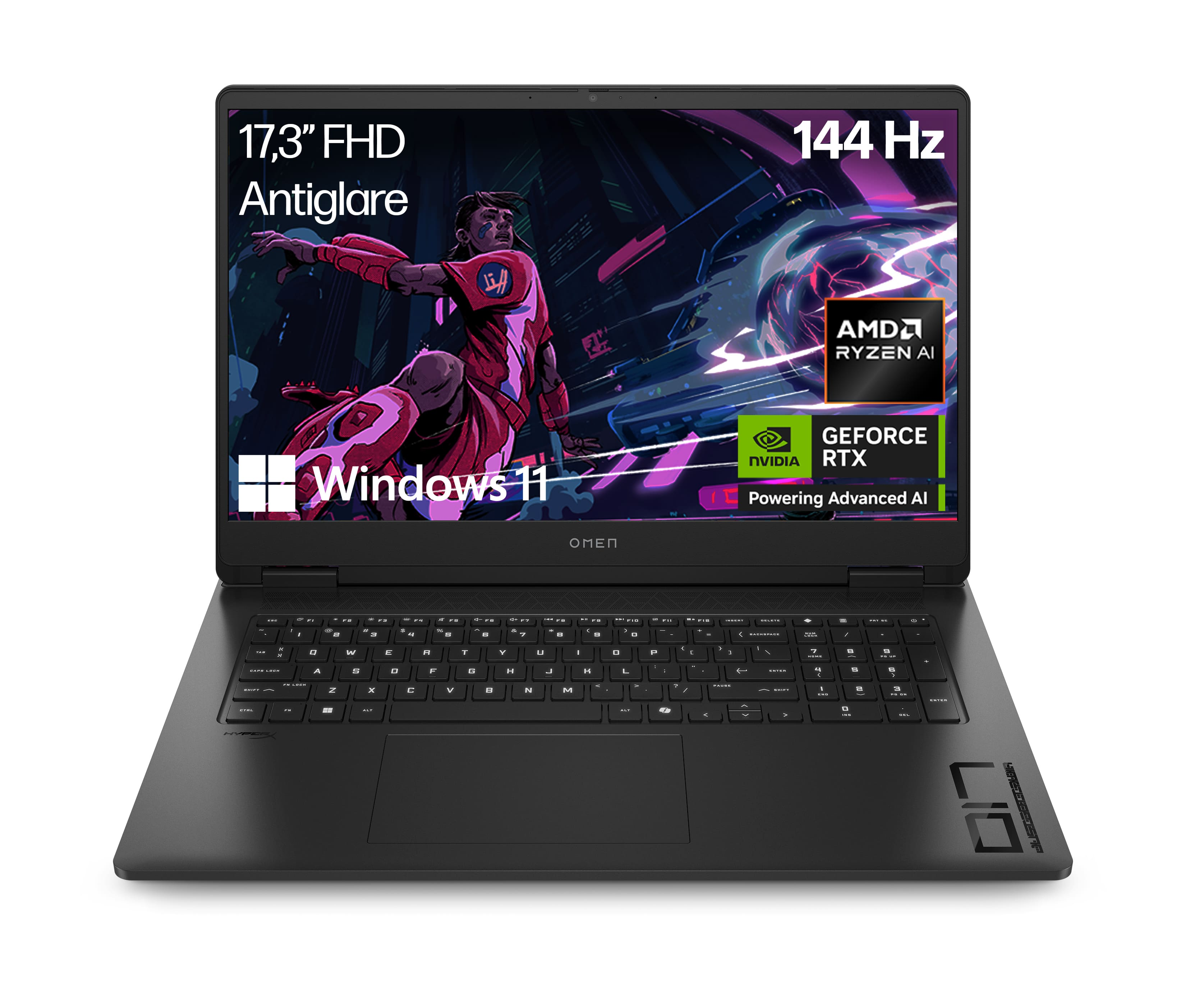 Un laptop HP Omen nero con schermo antiriflesso Full HD da 17,3" che mostra un gamer e loghi.