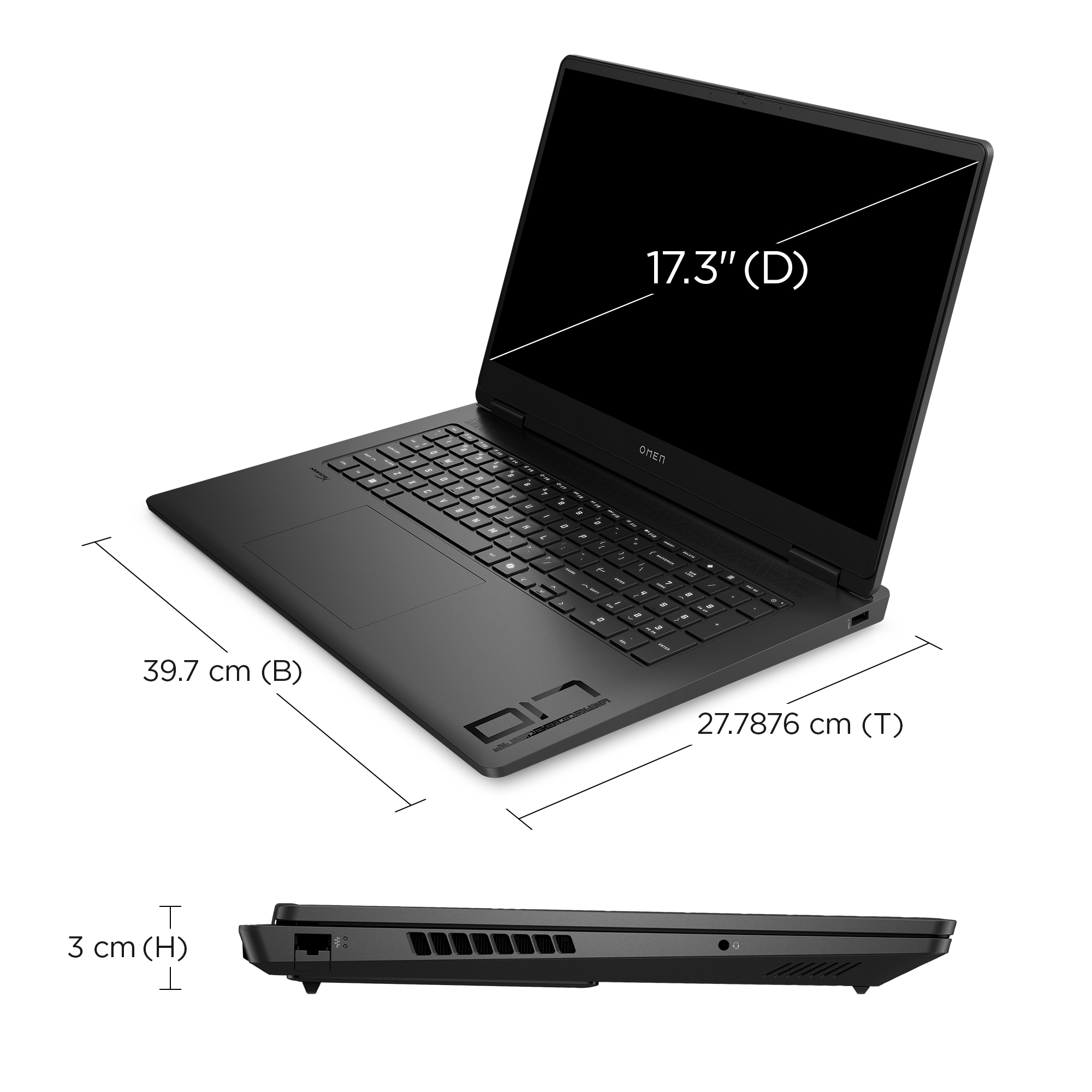 Laptop Omen nero, schermo da 17,3", 39,7cm largo, 27,8cm profondo, 3cm alto.