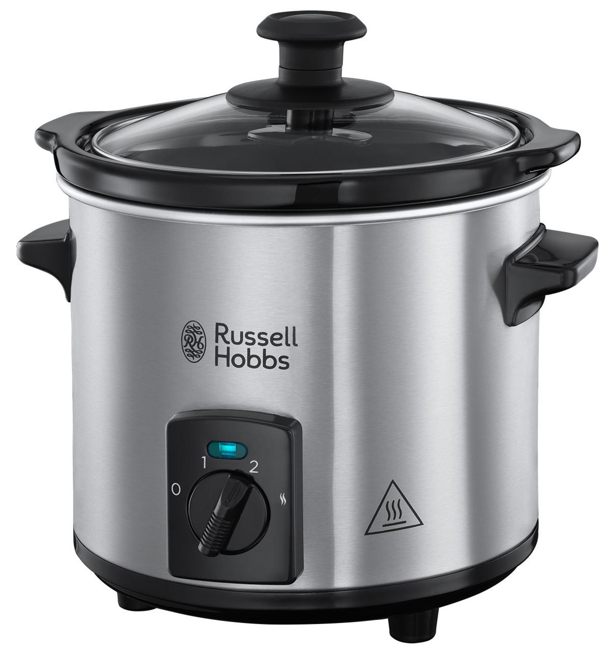 Un slow cooker Russell Hobbs argentato con coperchio in vetro e manici neri, con quadrante di controllo.