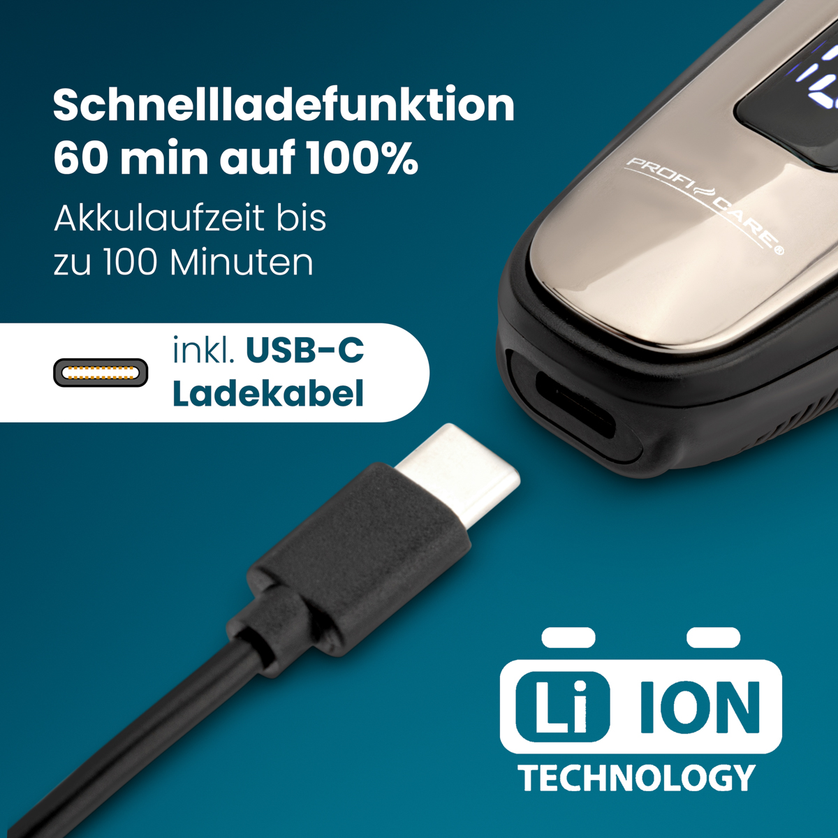 Gerät mit USB-C-Kabel, Schnellladung 60 Min., Akkulaufzeit 100 Min., Li-Ion-Technik.
