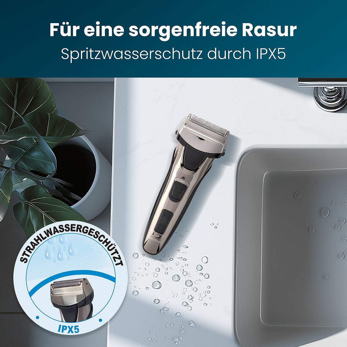 Ein silberner und schwarzer Elektrorasierer liegt auf einer nassen Arbeitsplatte neben einem Waschbecken.