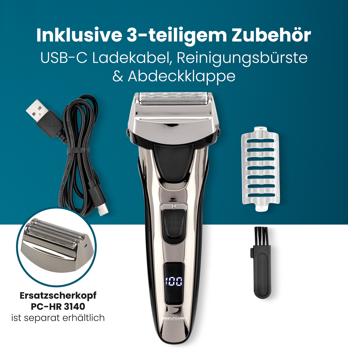 Elektrorasierer mit Zubehör: Ladekabel, Ersatzscherkopf, Bürste und Abdeckung.