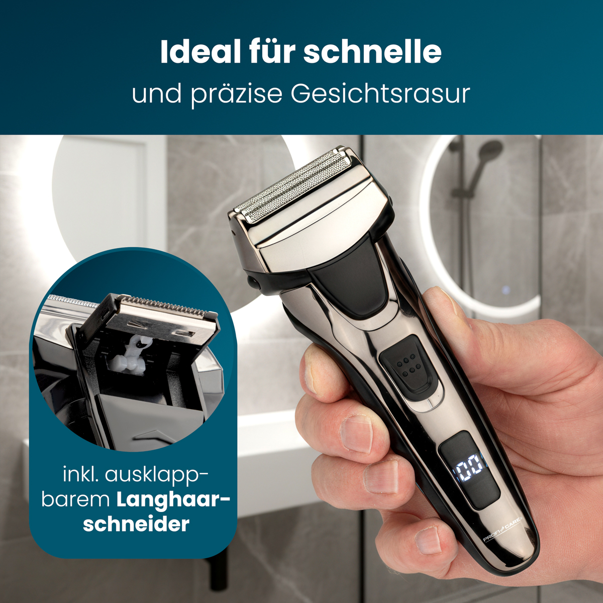 Eine Hand hält einen schwarz-silbernen Elektrorasierer mit Digitalanzeige. Eine Einblendung zeigt den Klapp-Trimmer.