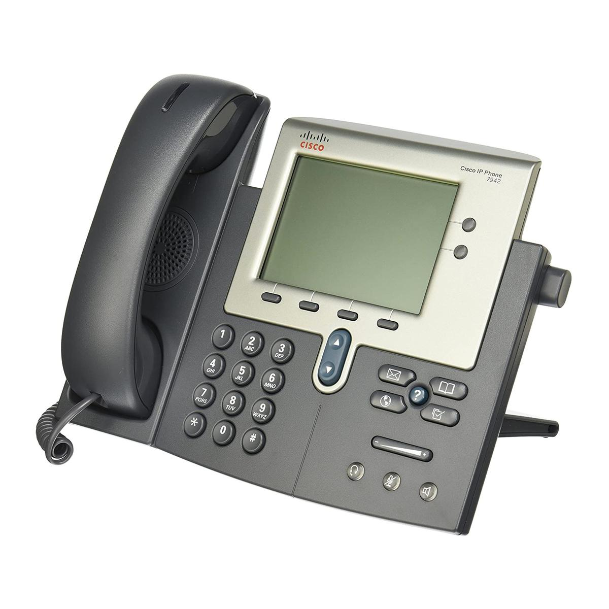 Un telefono IP Cisco 7942 grigio scuro con piastra frontale argentata e ampio schermo.