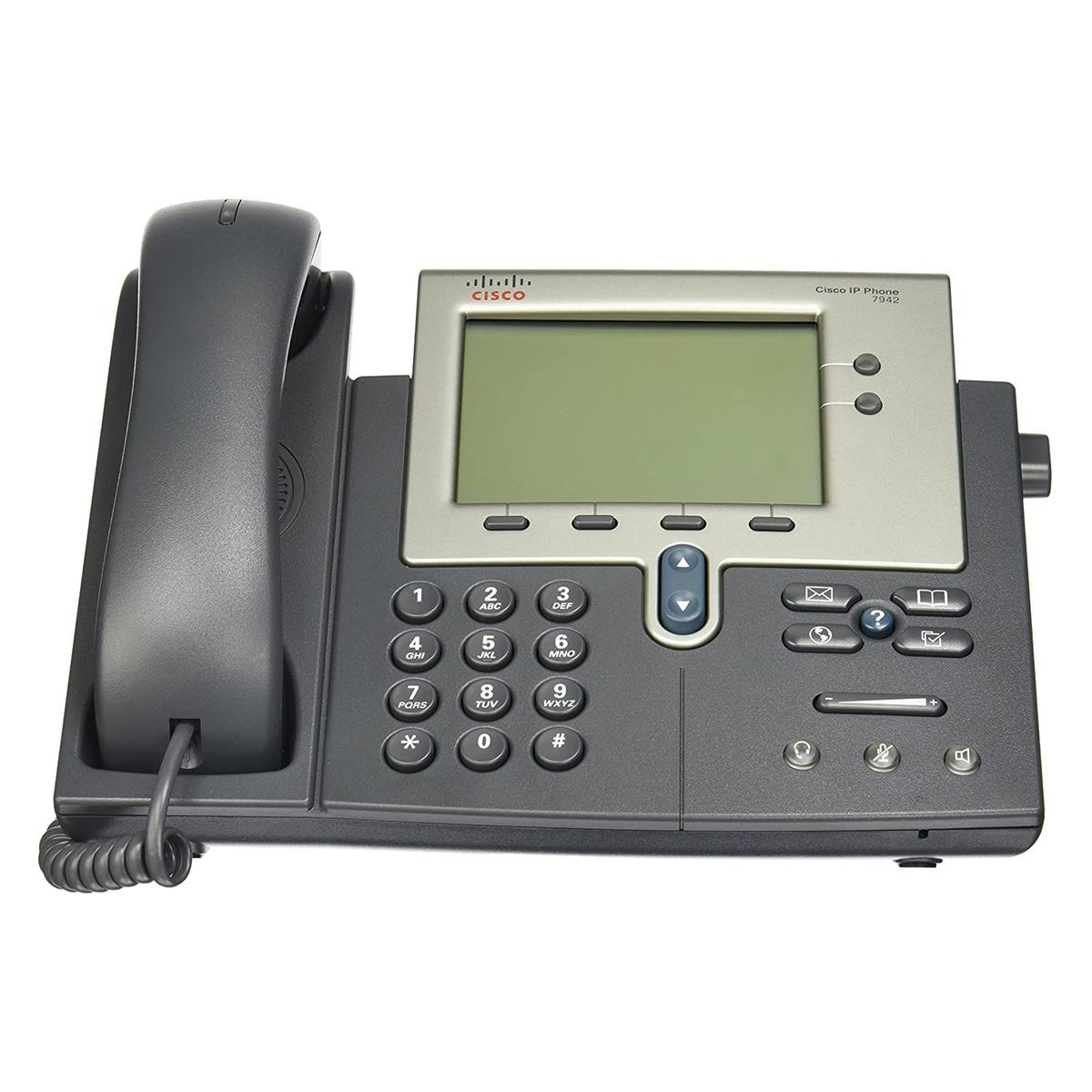 Viene mostrato un telefono IP Cisco 7942 grigio scuro con ampio schermo e tastiera.