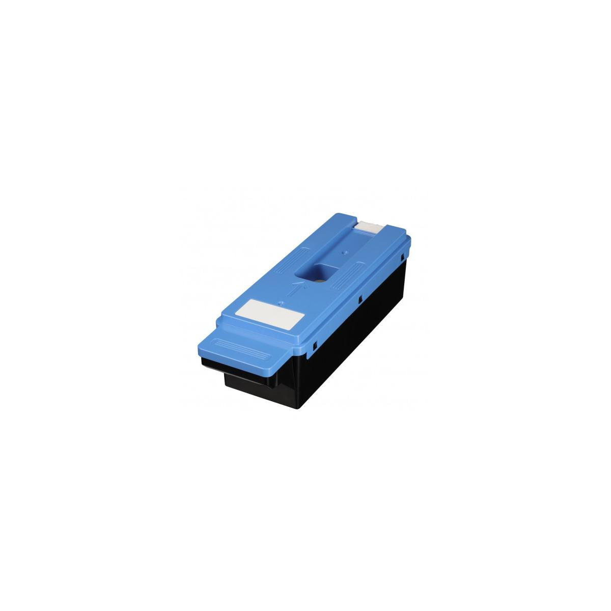 Una cartuccia toner blu e nera è mostrata su sfondo bianco.