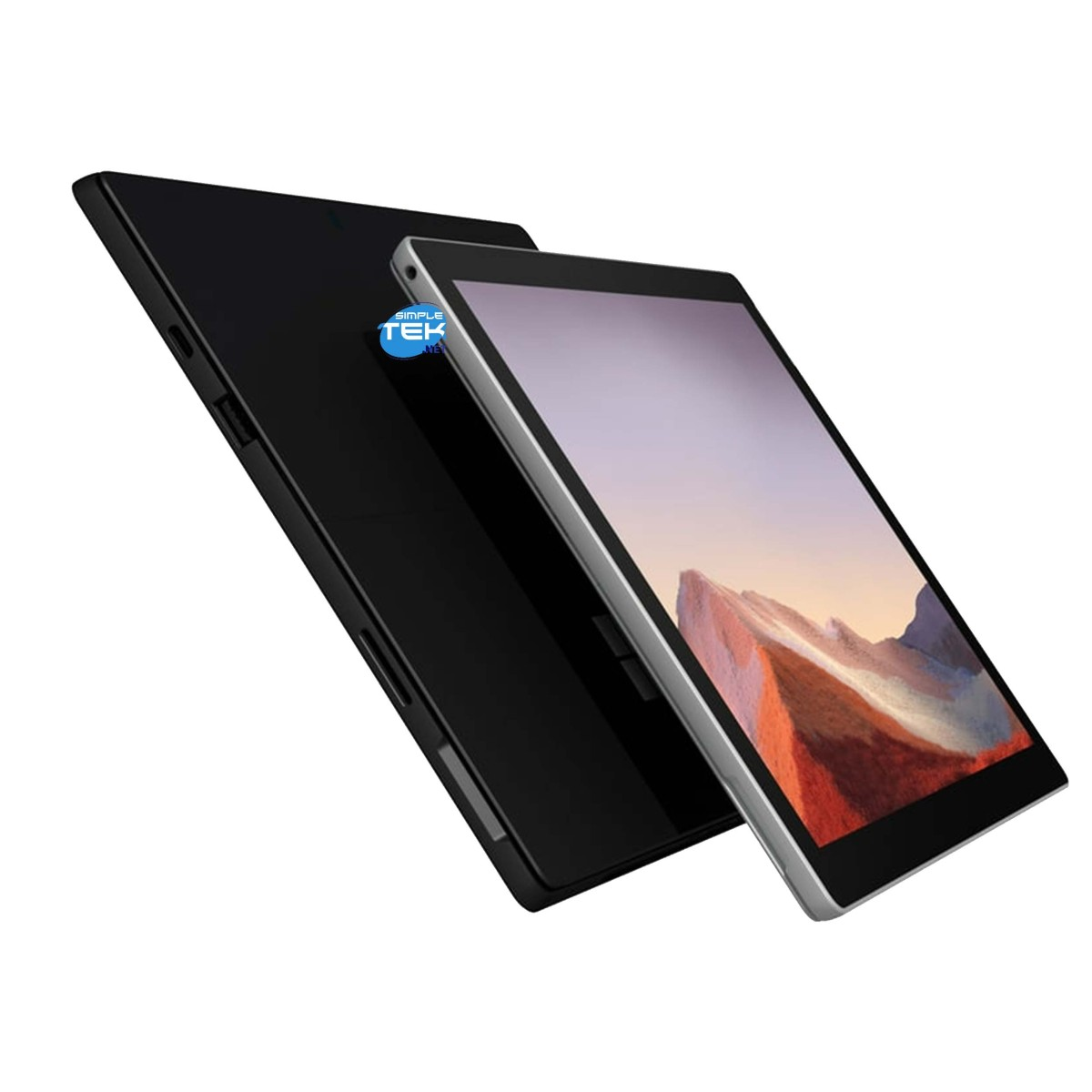 Due tablet neri sono mostrati da un'angolazione. Uno è dietro l'altro ed è chiuso. Il tablet anteriore è aperto e visualizza un paesaggio montano.