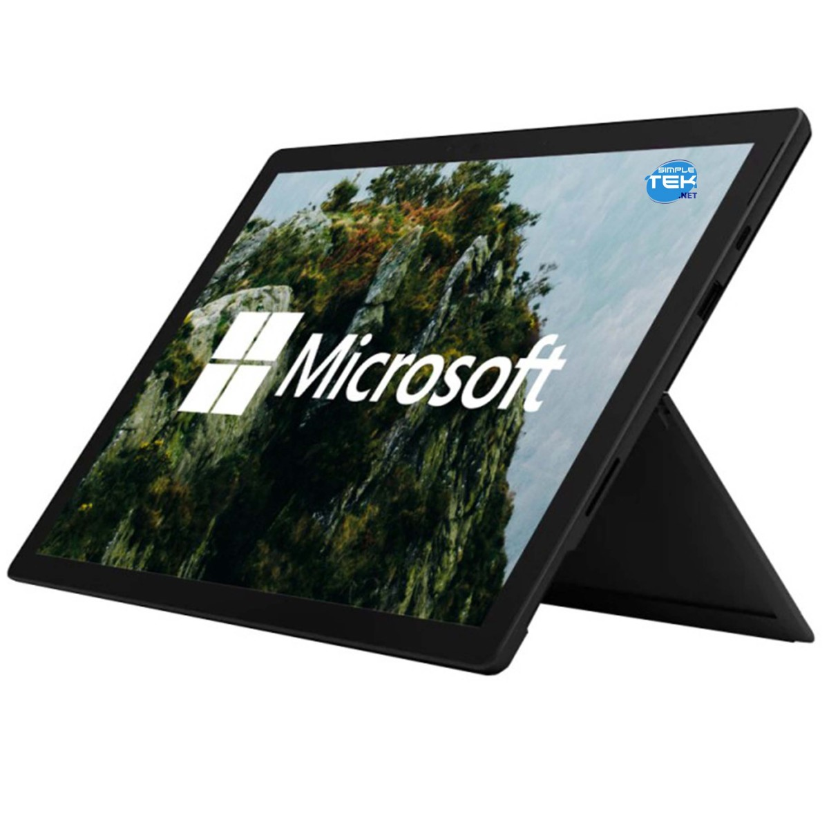 Tablet Microsoft Surface nero su supporto, che mostra un paesaggio roccioso con il logo Microsoft.