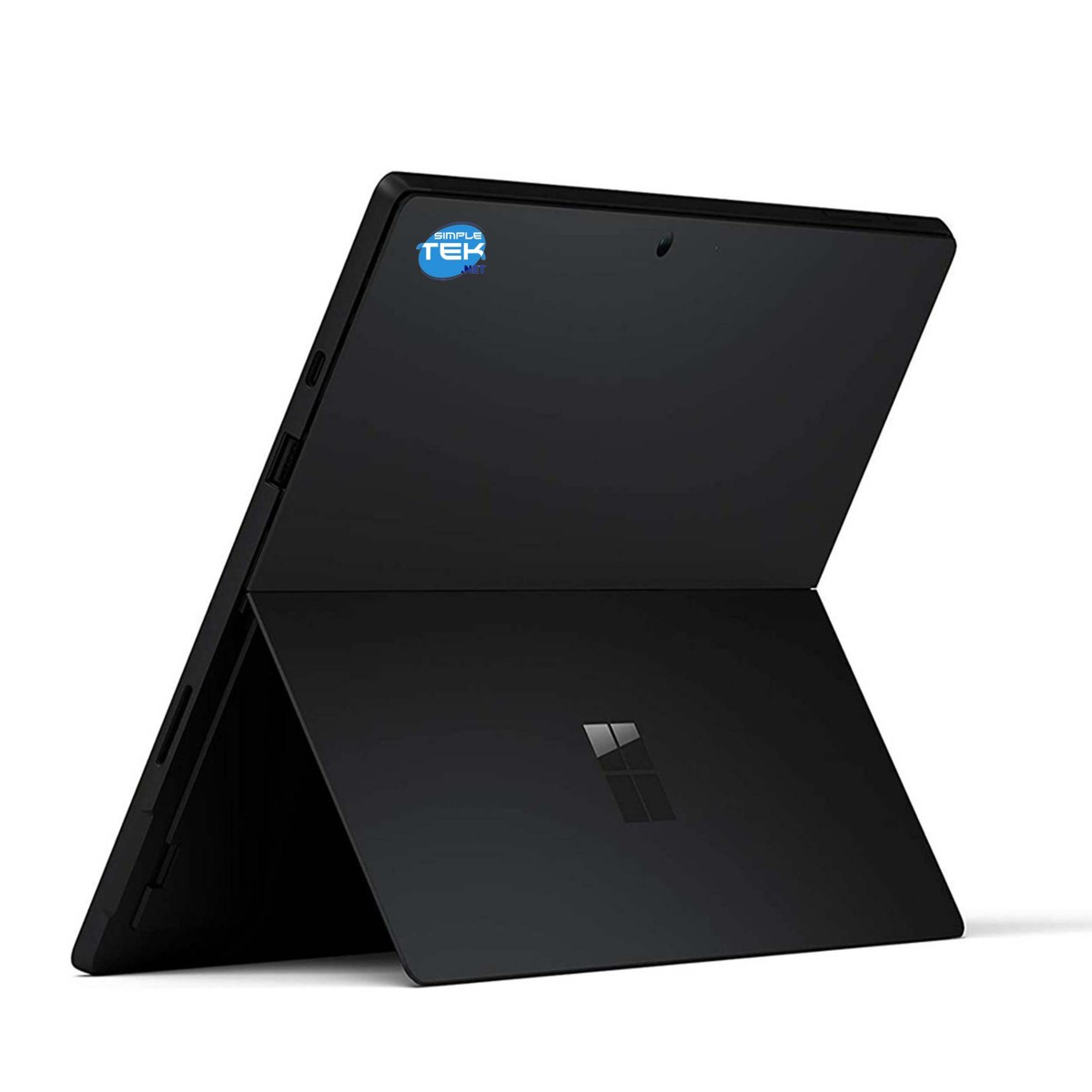 Microsoft Surface Pro nero con cavalletto aperto, mostra logo e adesivo.