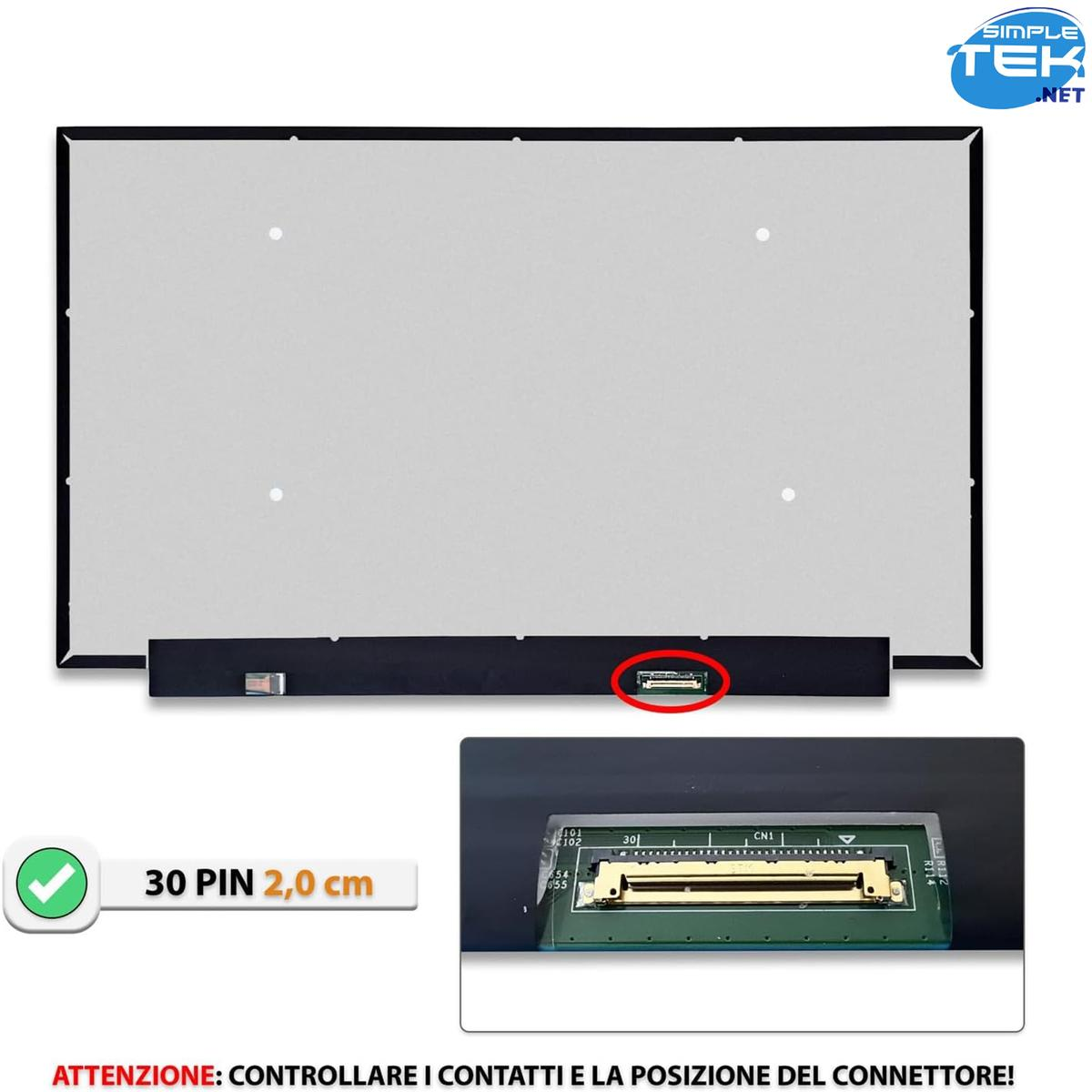 Schermo di un laptop con connettore a 30 pin. Vista dettagliata del connettore.