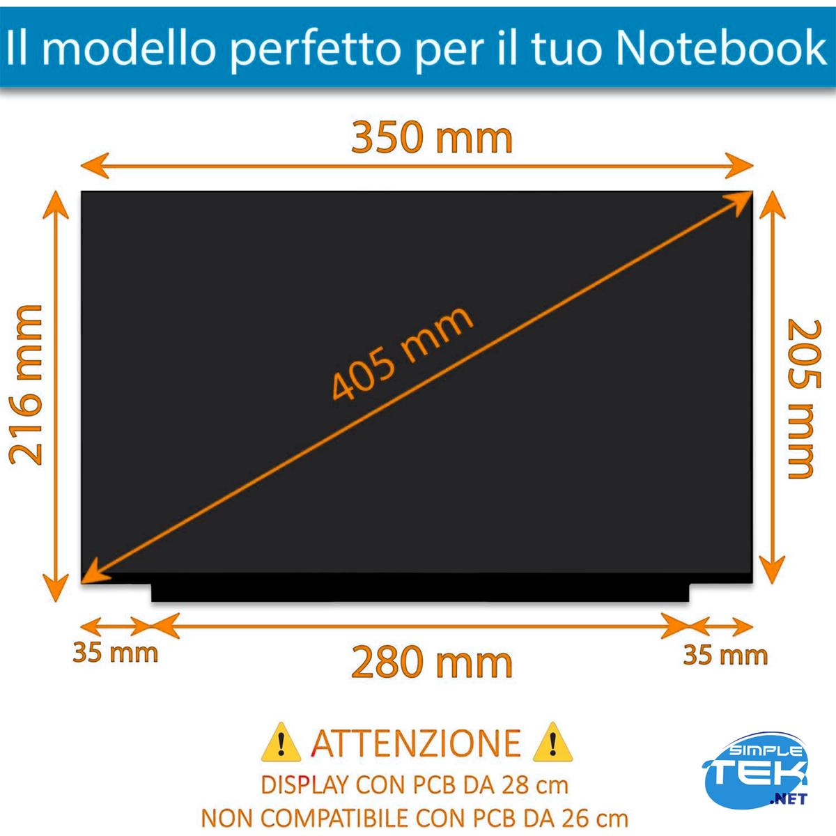 Schema schermo notebook con dimensioni: 350mm larghezza, 216mm altezza, 405mm diagonale.