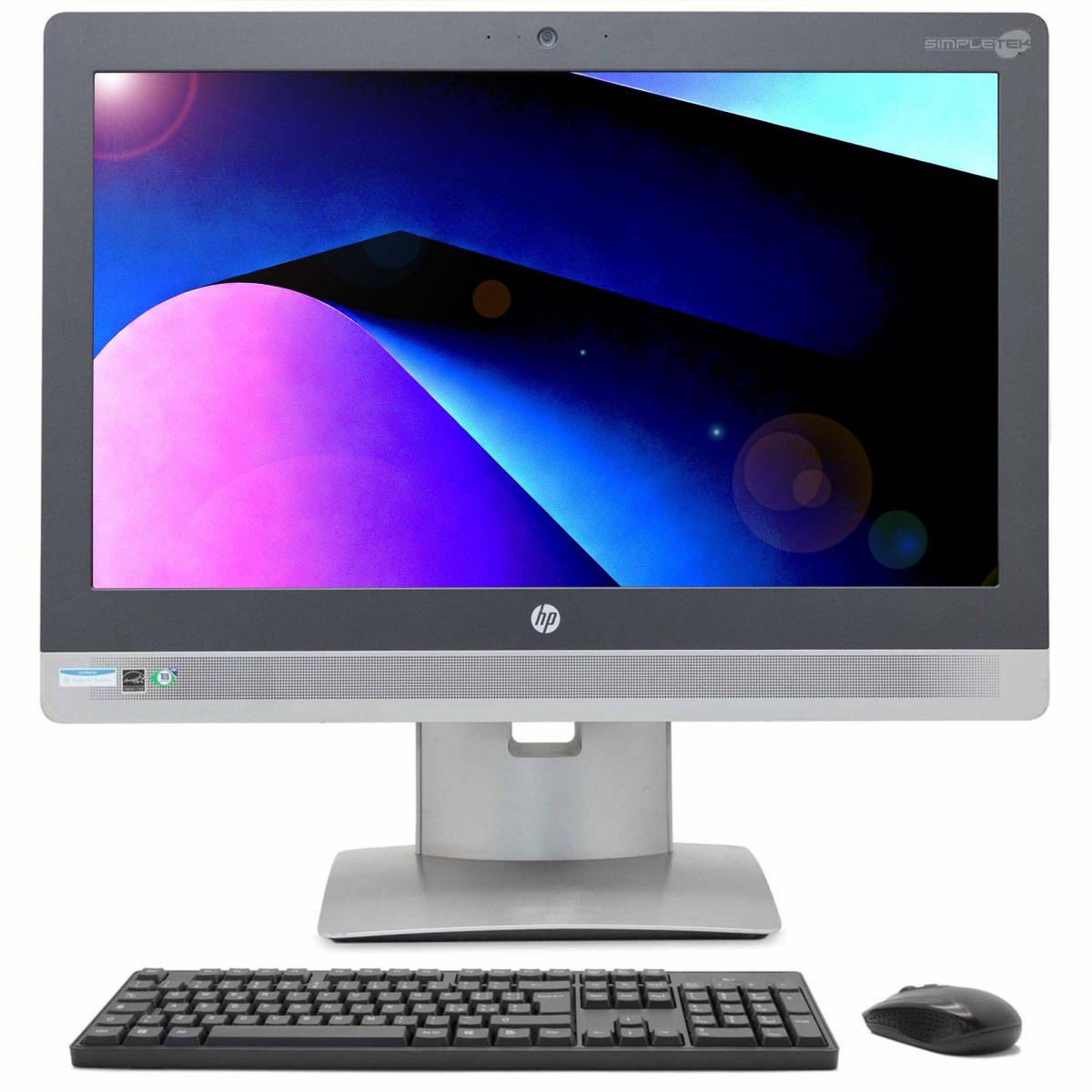 Un computer all-in-one HP con tastiera e mouse neri su sfondo bianco.