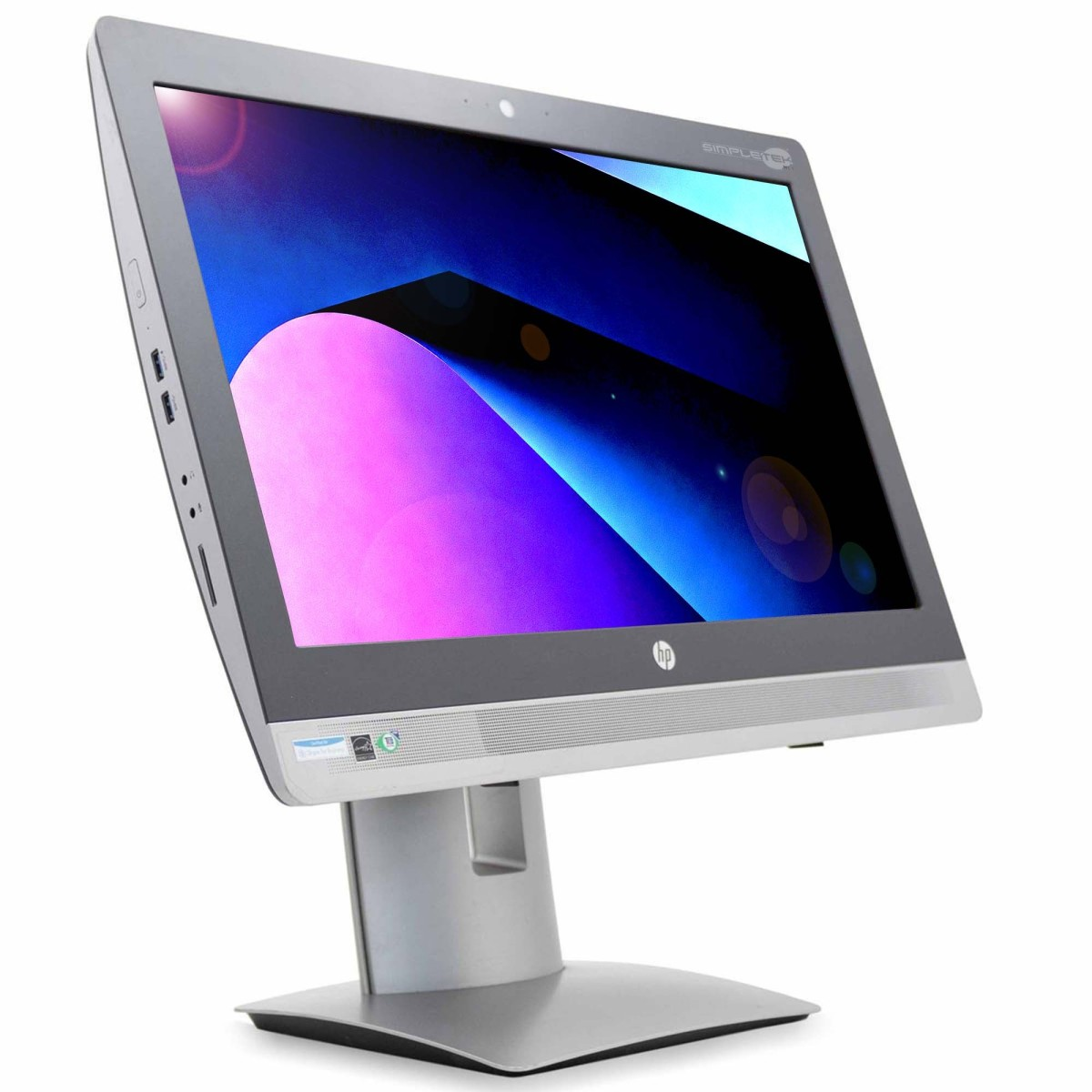 Un computer all-in-one HP argentato con uno sfondo astratto colorato sullo schermo.