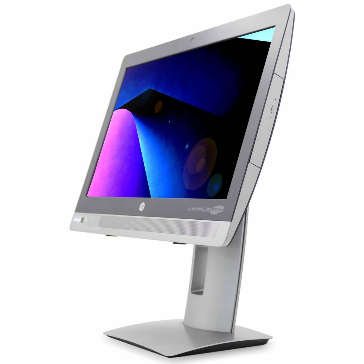 Un computer all-in-one argentato con un grande schermo che visualizza un'immagine astratta.