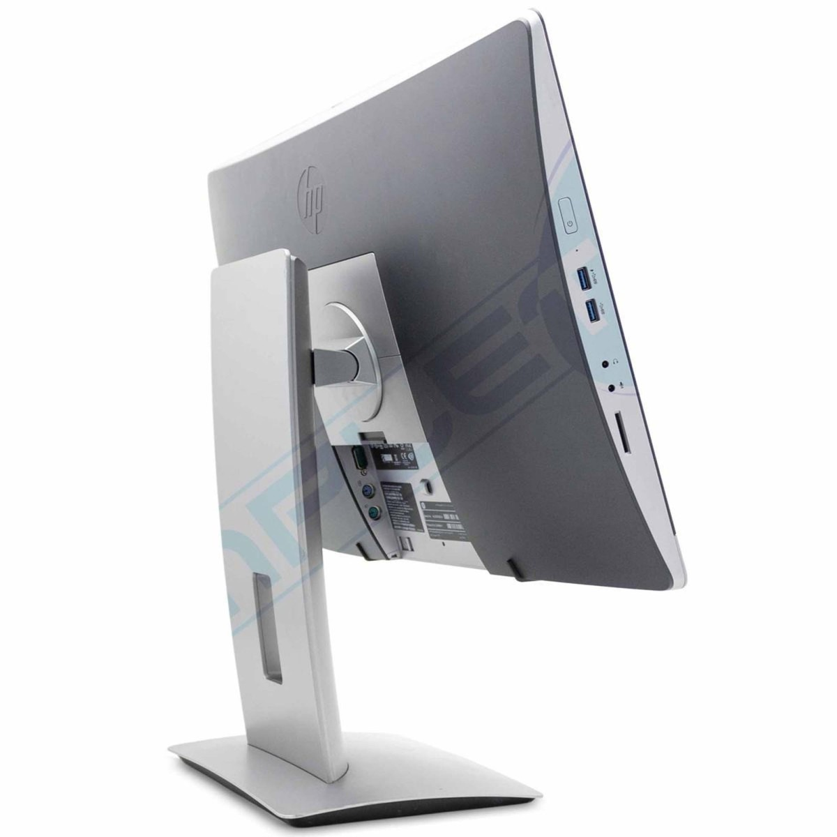 Viene mostrato il retro di un monitor HP argentato, con porte visibili sul lato.