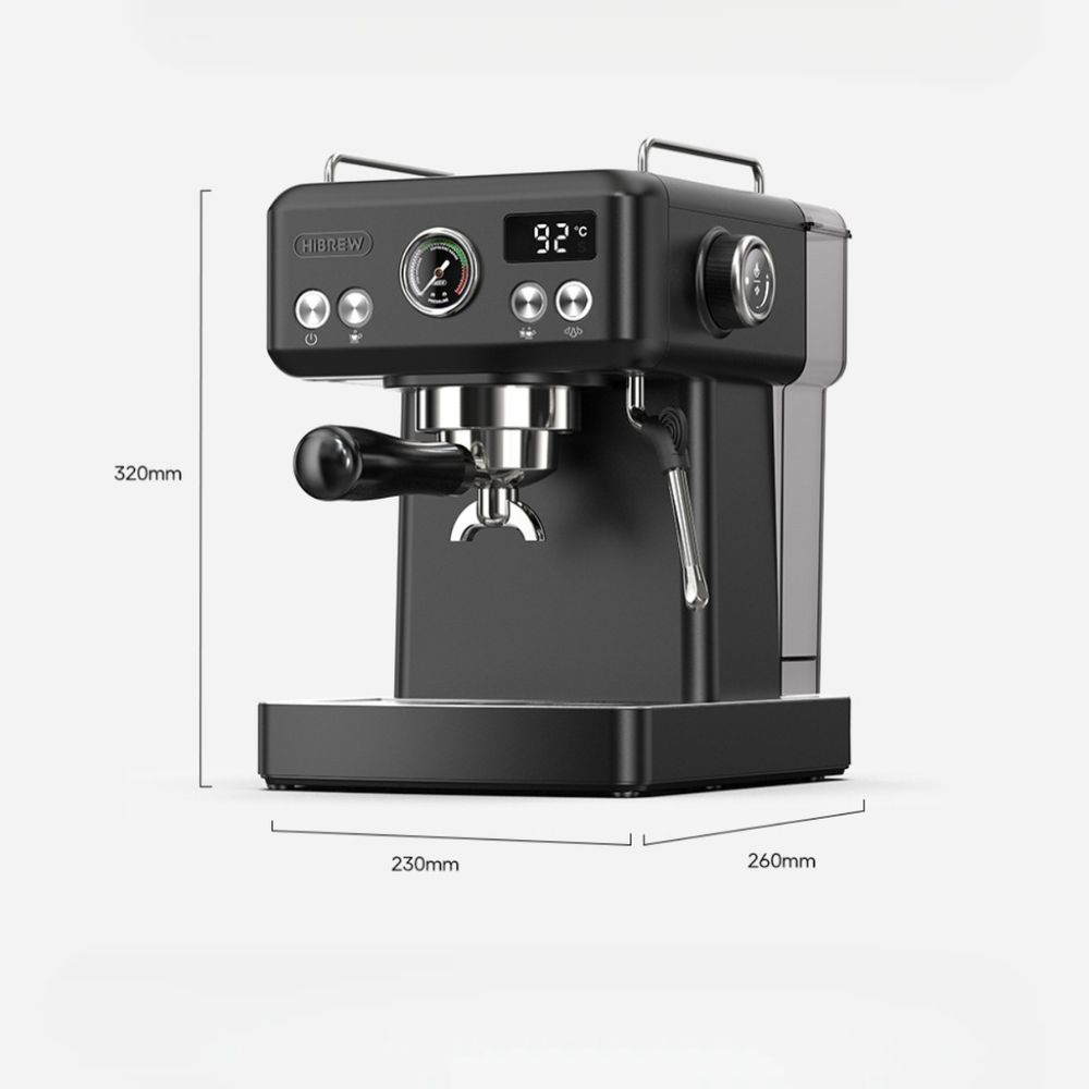 Una cafetera espresso negra con pantalla digital que muestra 92C, un indicador y botones.