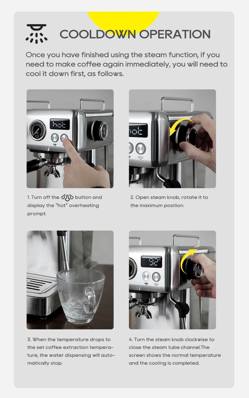 Pasos de enfriamiento de la cafetera: apagar caliente, abrir mando de vapor, enfriar con agua, cerrar mando.