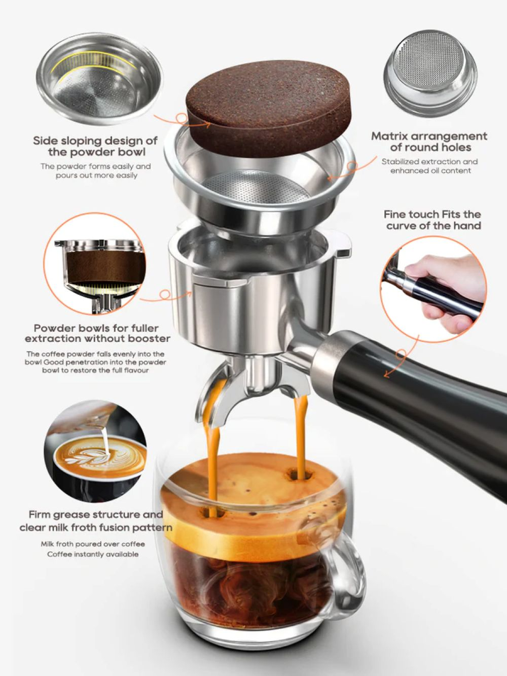 Piezas de máquina de espresso: portafiltro, tamper, canasta y café vertiendo en un vaso.