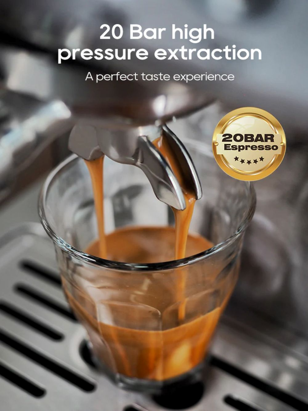 El espresso fluye de una máquina a un vaso. Texto: 'Extracción alta presión 20 bar'.