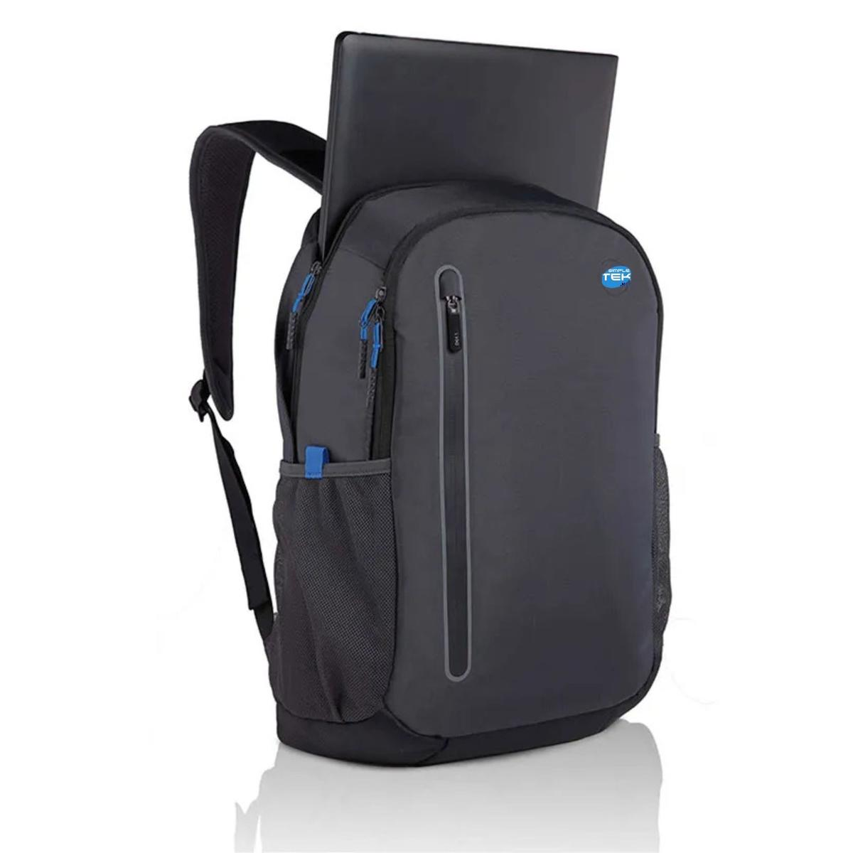 Uno zaino grigio scuro con accenti blu e un laptop che sporge dalla parte superiore.