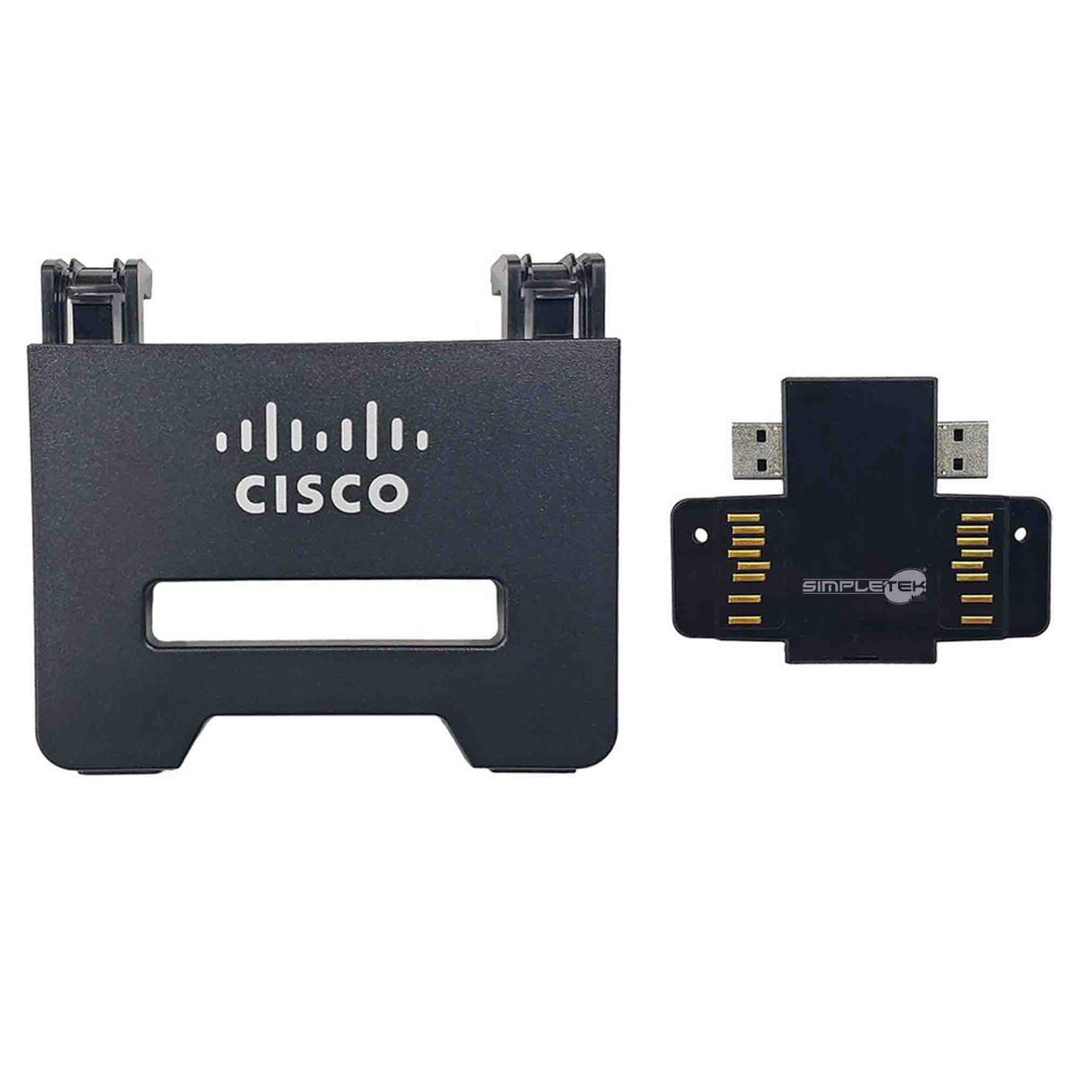 Supporto Cisco nero con due clip e un adattatore SimpleTek nero con USB e contatti dorati.