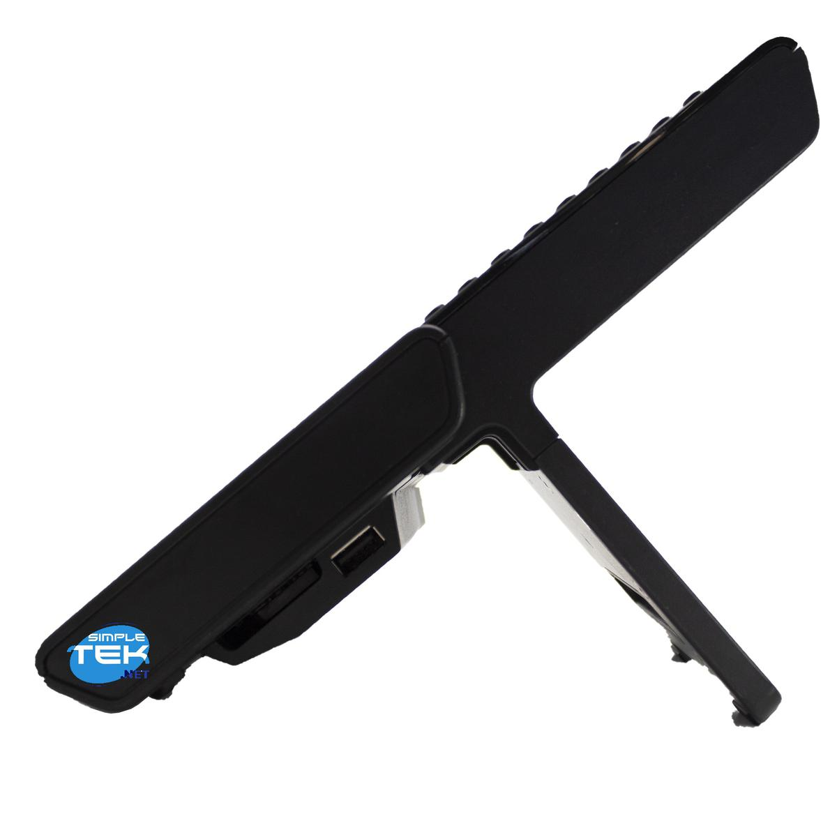 Dispositivo elettronico nero con cavalletto e porta USB. Logo Simple Tek visibile.