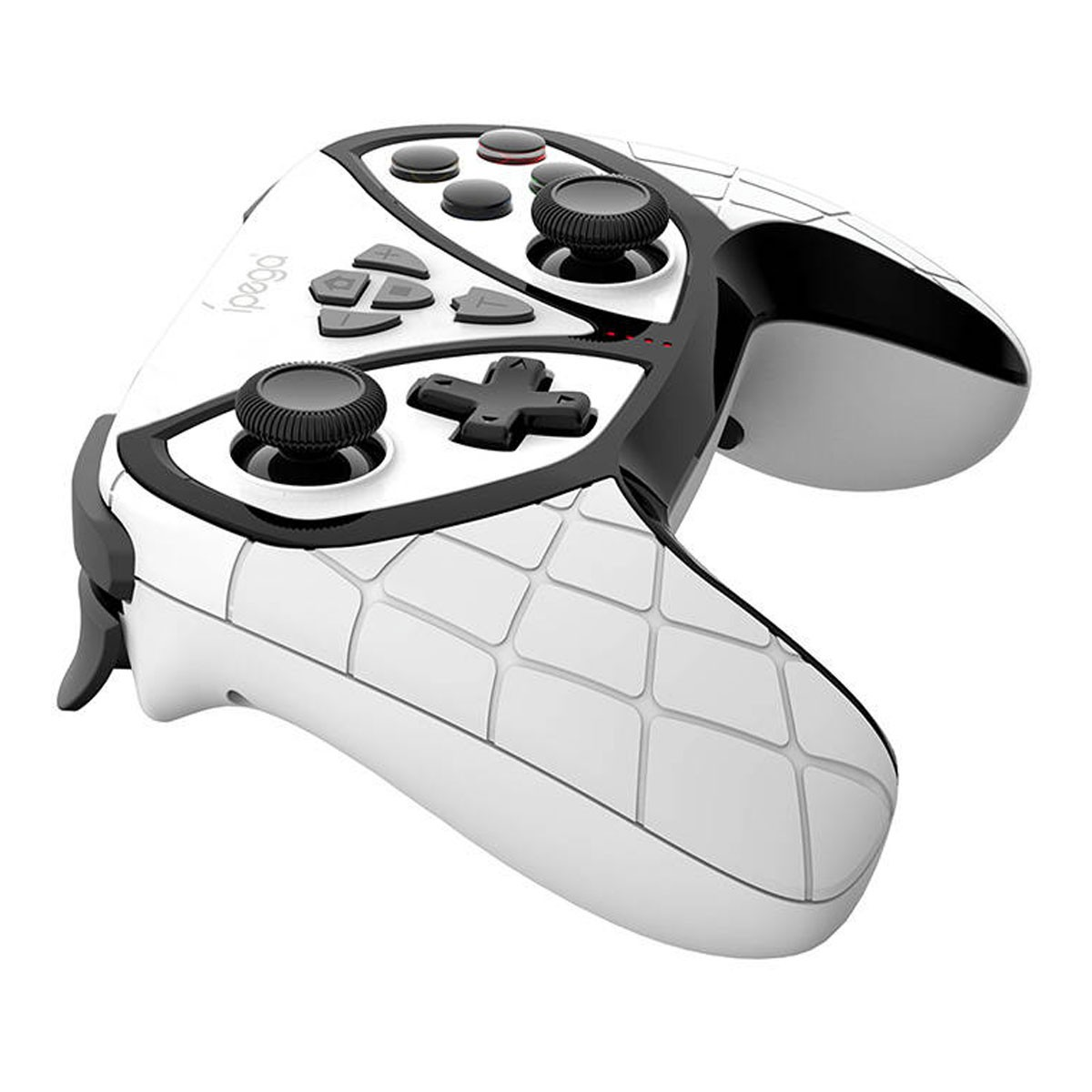 Un controller da gioco bianco e nero con due joystick e pulsanti.