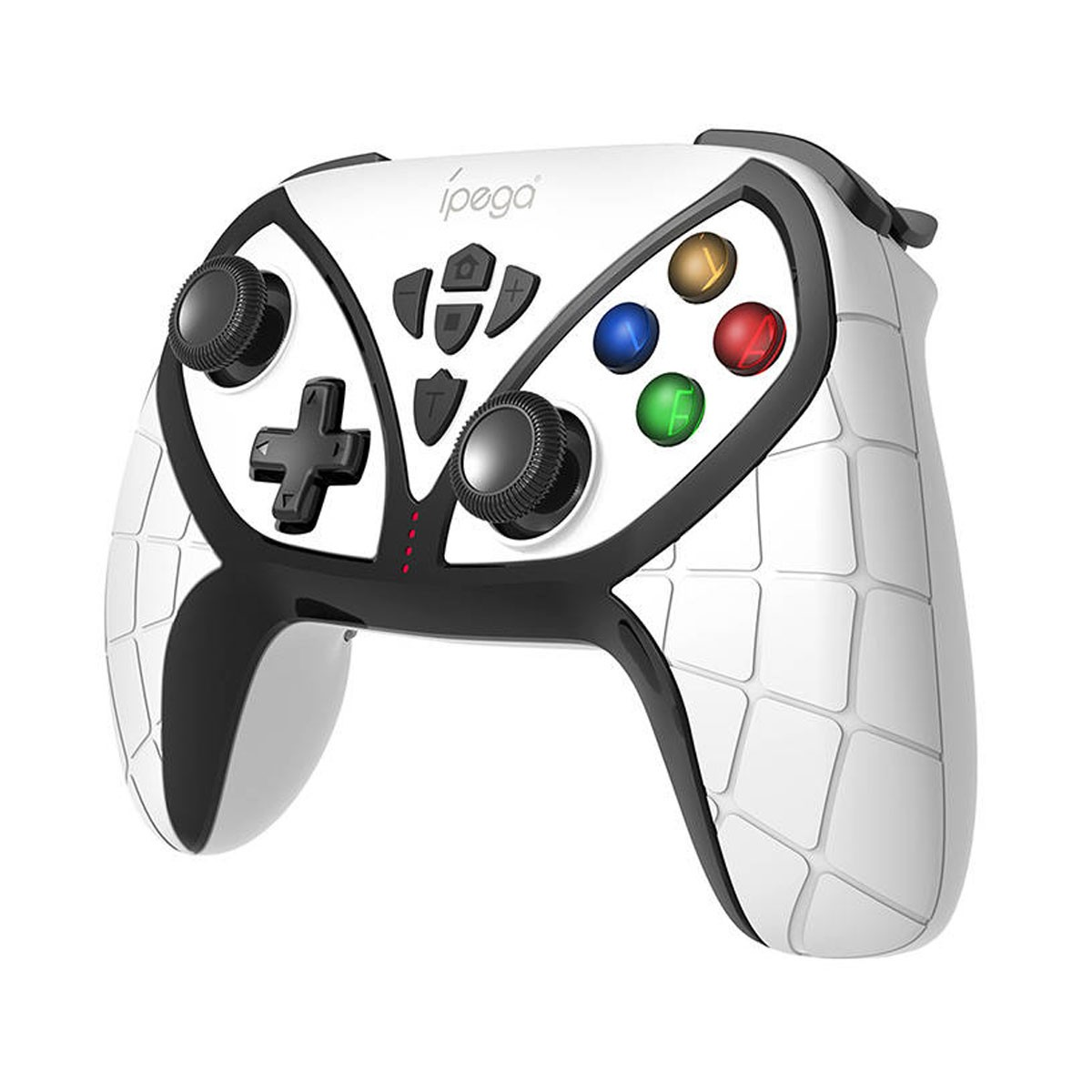 Controller per videogiochi bianco e nero con joystick, pulsanti e D-pad.