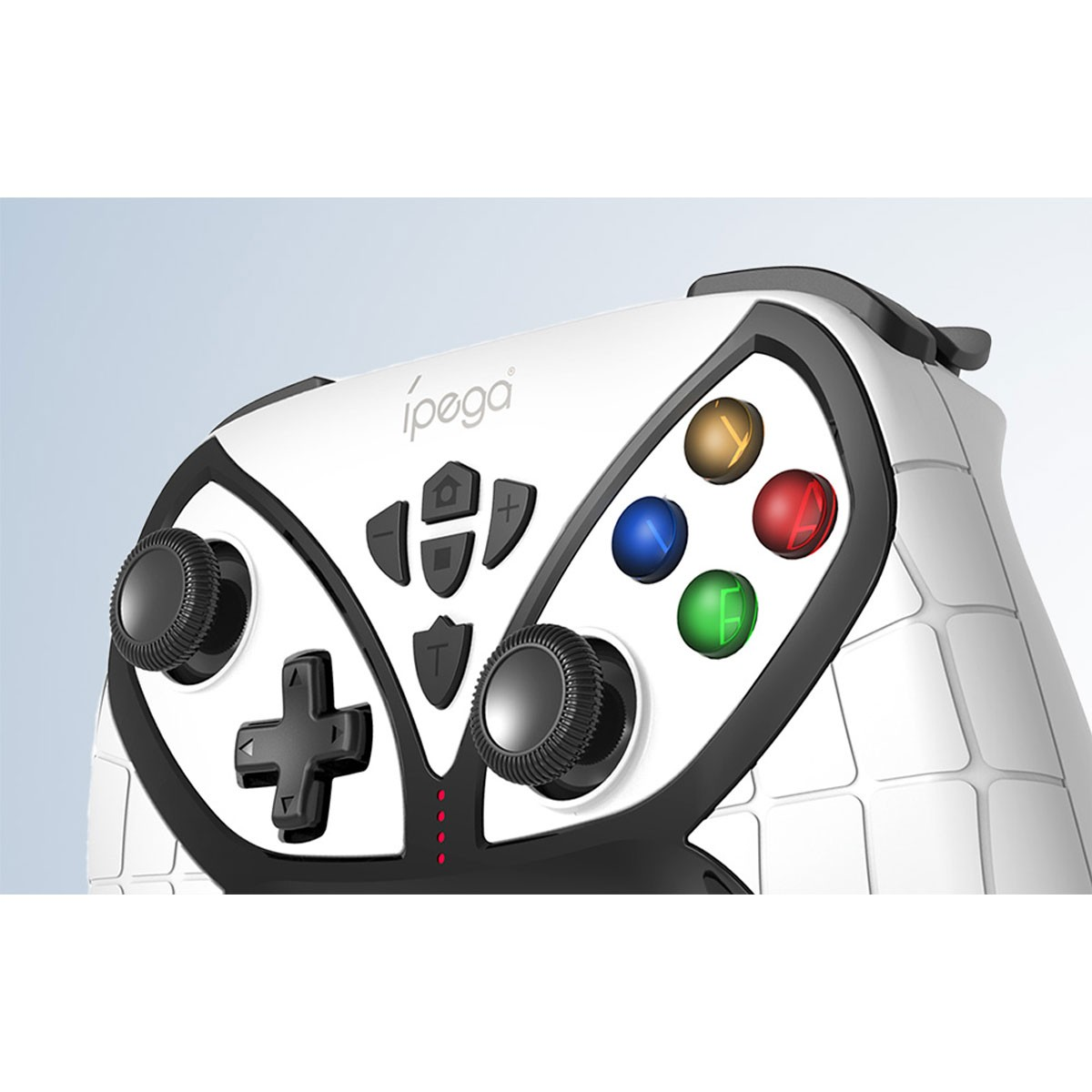 Controller da gioco ipega bianco con accenti neri, D-pad, joystick e pulsanti colorati.