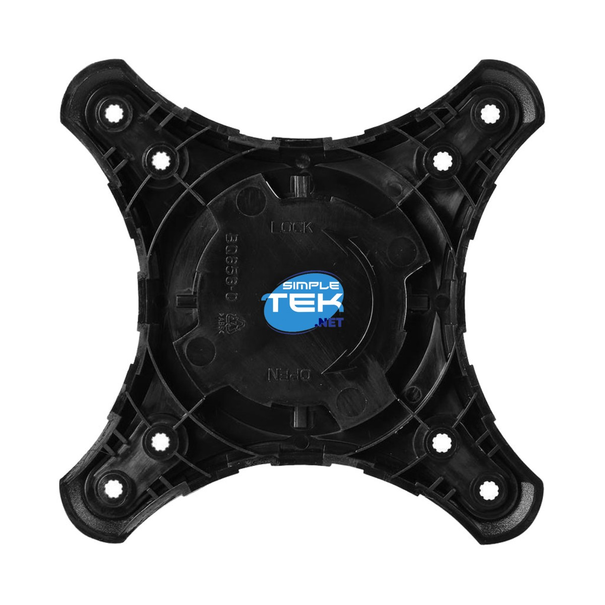 Supporto in plastica nera con quattro bracci, meccanismo rotante centrale e logo "Simple Tek".