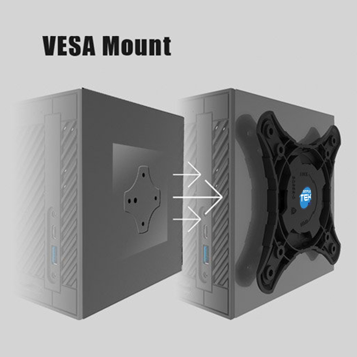 Supporto VESA per mini PC. Mostra PC con piastra di montaggio e PC con supporto attaccato.