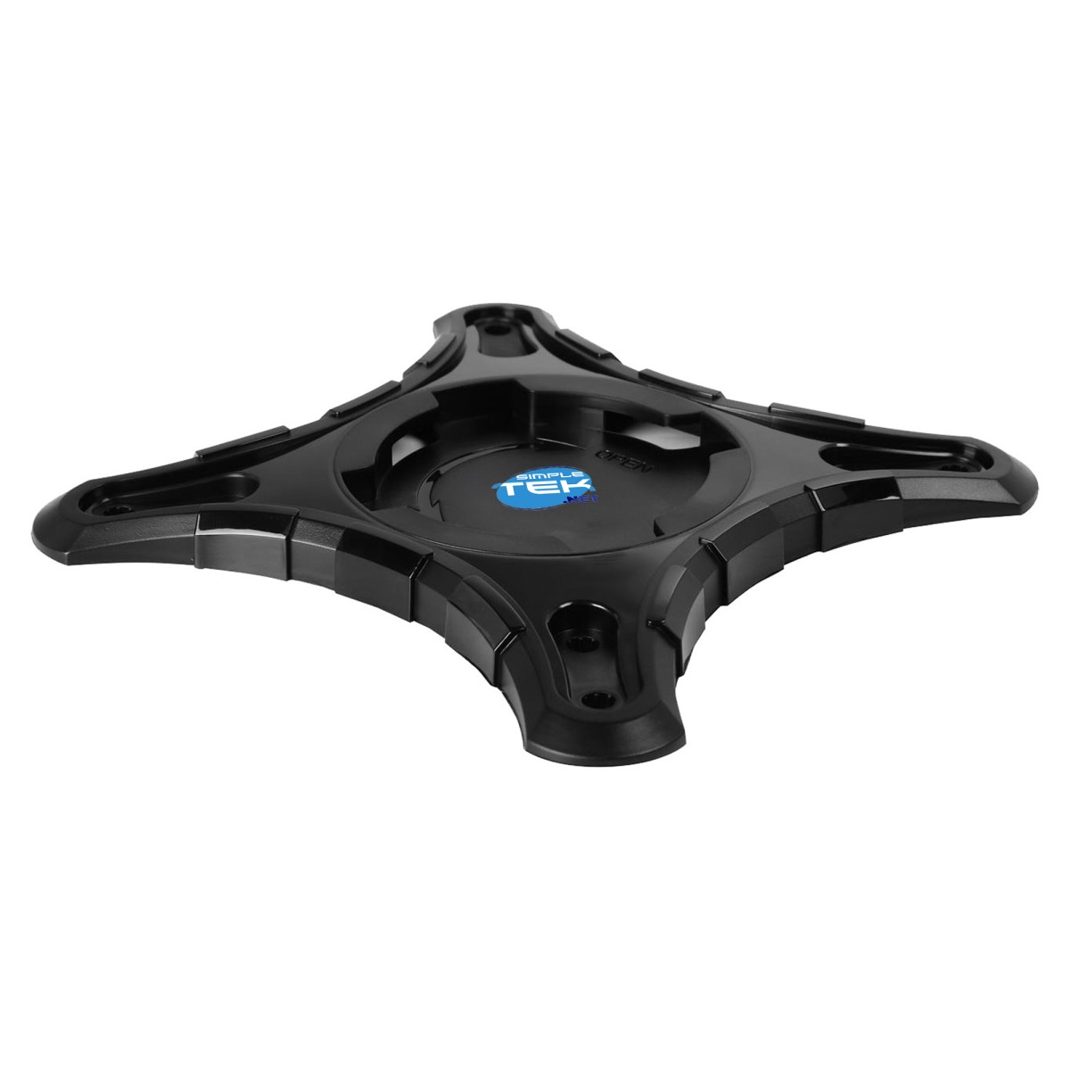 Base nera in plastica con quattro bracci angolati e una rientranza circolare centrale con logo.