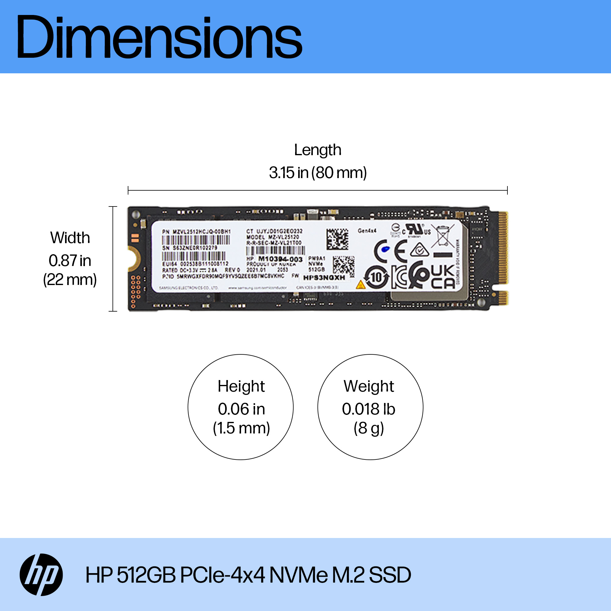 Dimensiones SSD HP 512GB NVMe M.2: 80mm largo, 22mm ancho, 1.5mm alto, 8g peso.