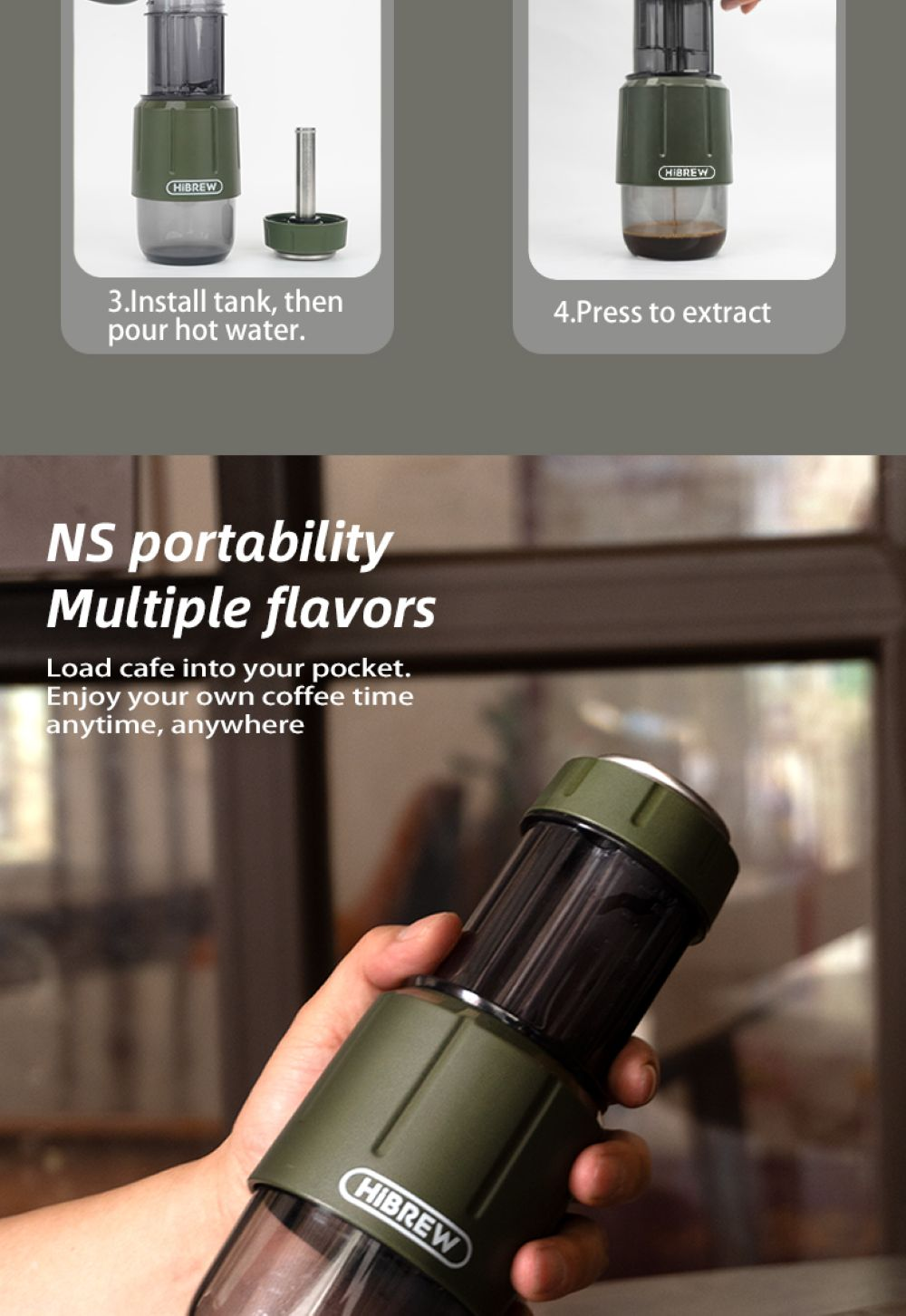 Cafetera verde en mano. Texto dice 'NS Portability Multiple Flavors'.