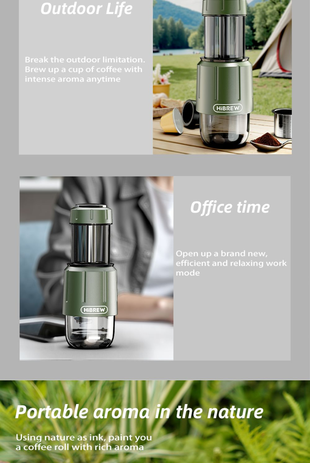 Cafetera portátil para uso exterior, oficina y naturaleza.