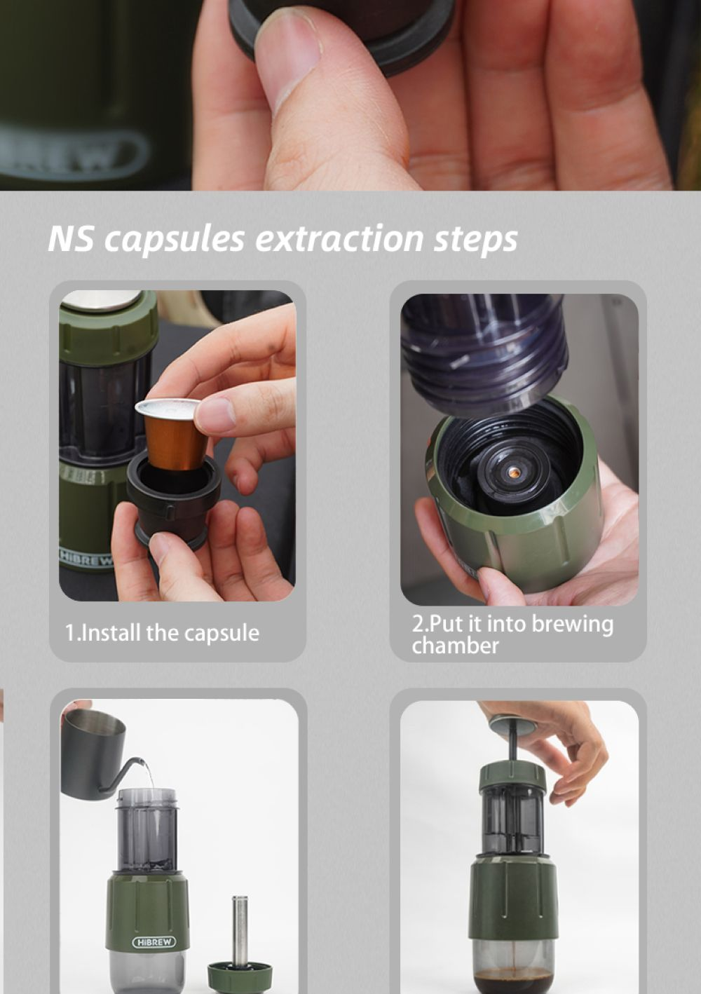 Pasos para la extracción de cápsulas NS: instalar cápsula, colocar en cámara, añadir agua, presionar.