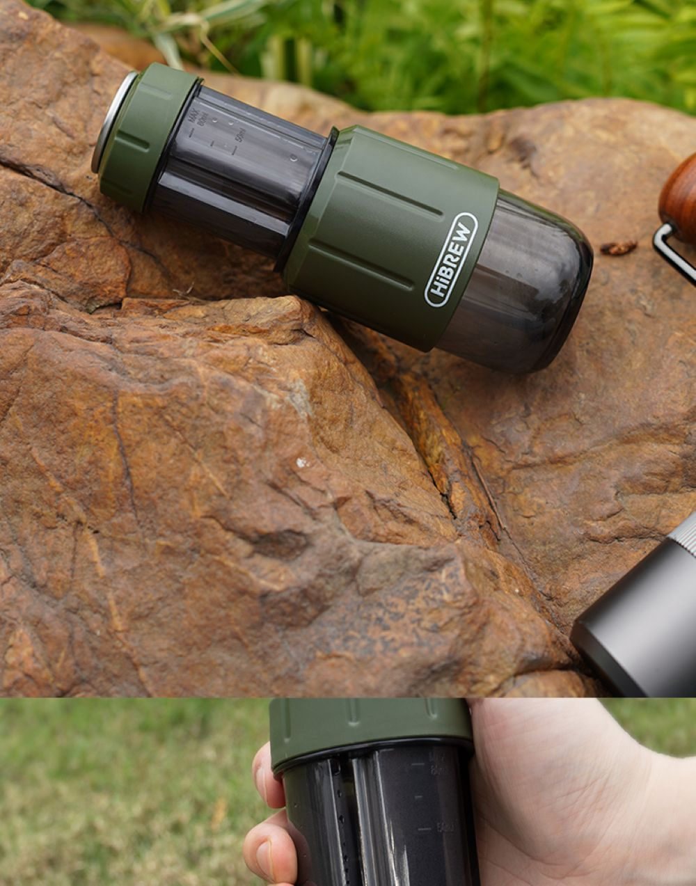Cafetera portátil verde con cámara transparente sobre rocas, logo HIBREW.