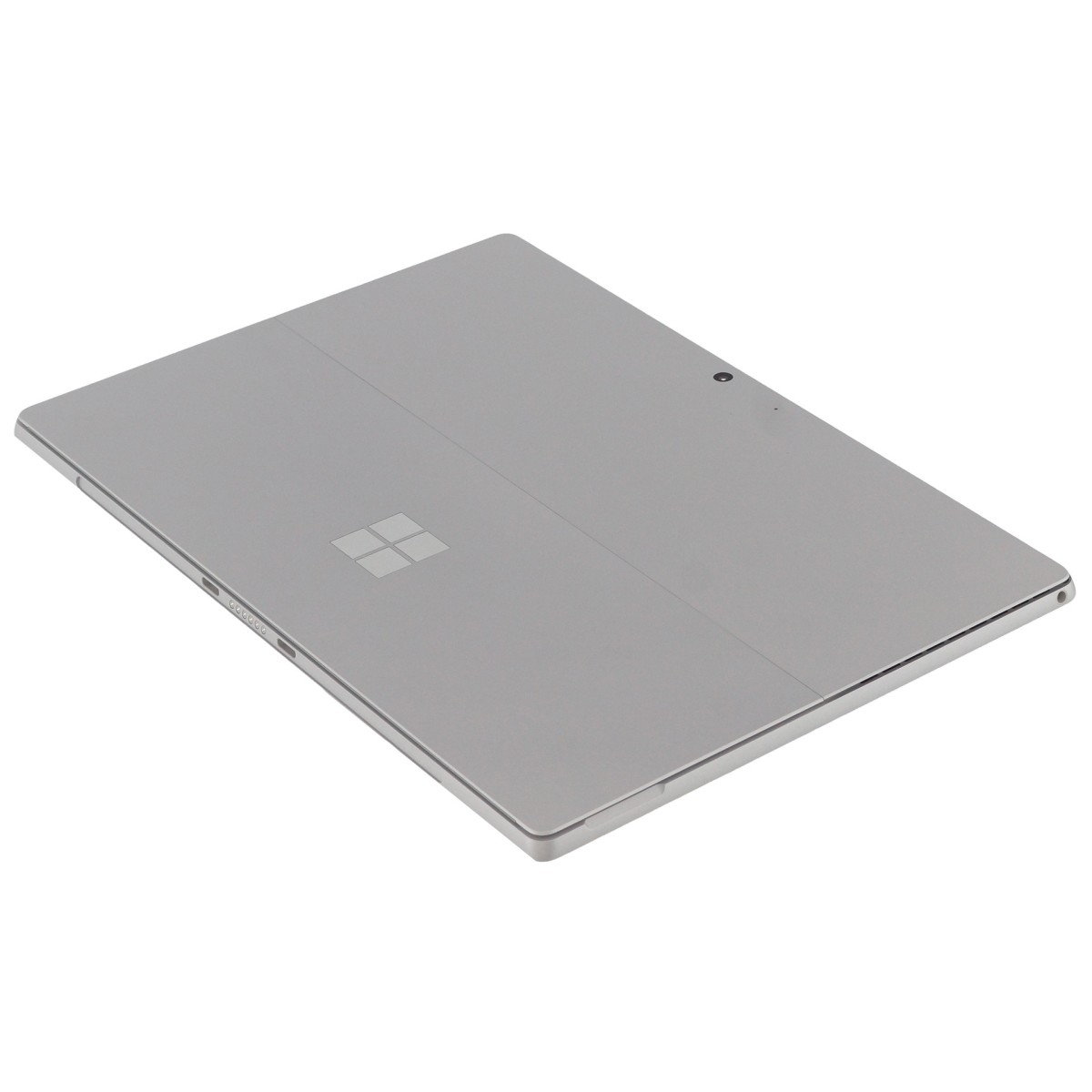 Tablet Microsoft Surface argentato visto dall'alto, con logo e lente.