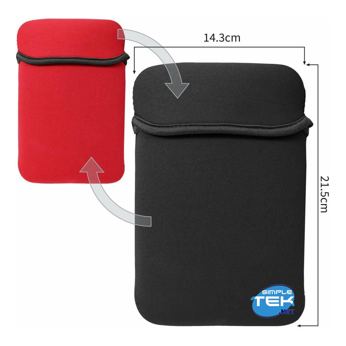 Una custodia per laptop in neoprene rossa e nera con dimensioni.