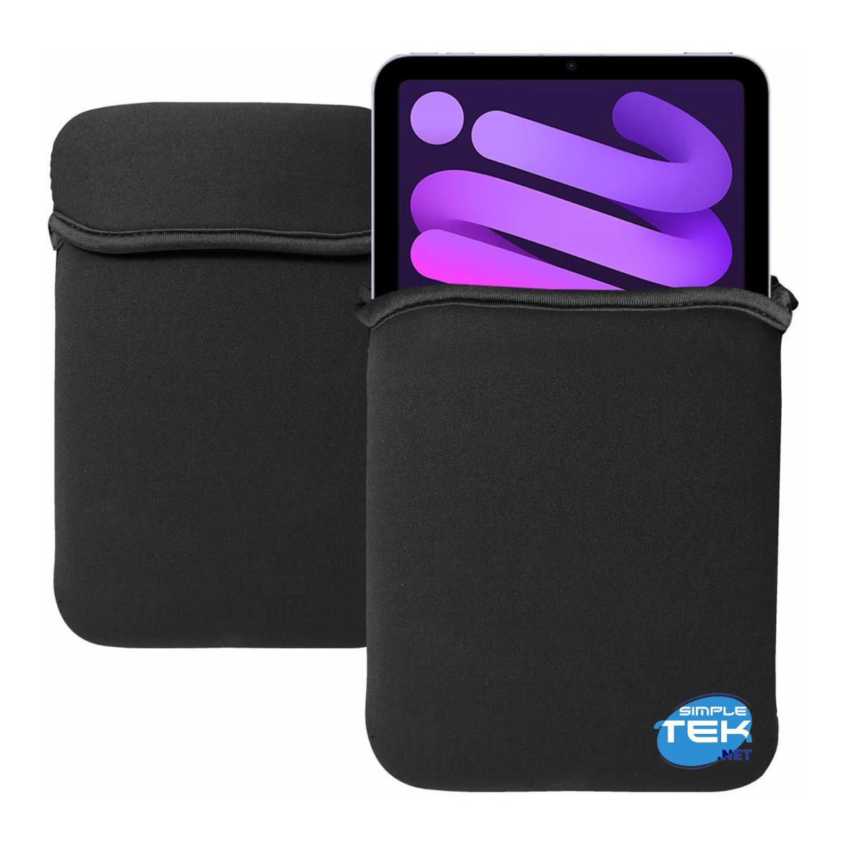 Custodia nera per tablet con un tablet che mostra un motivo astratto viola e blu.