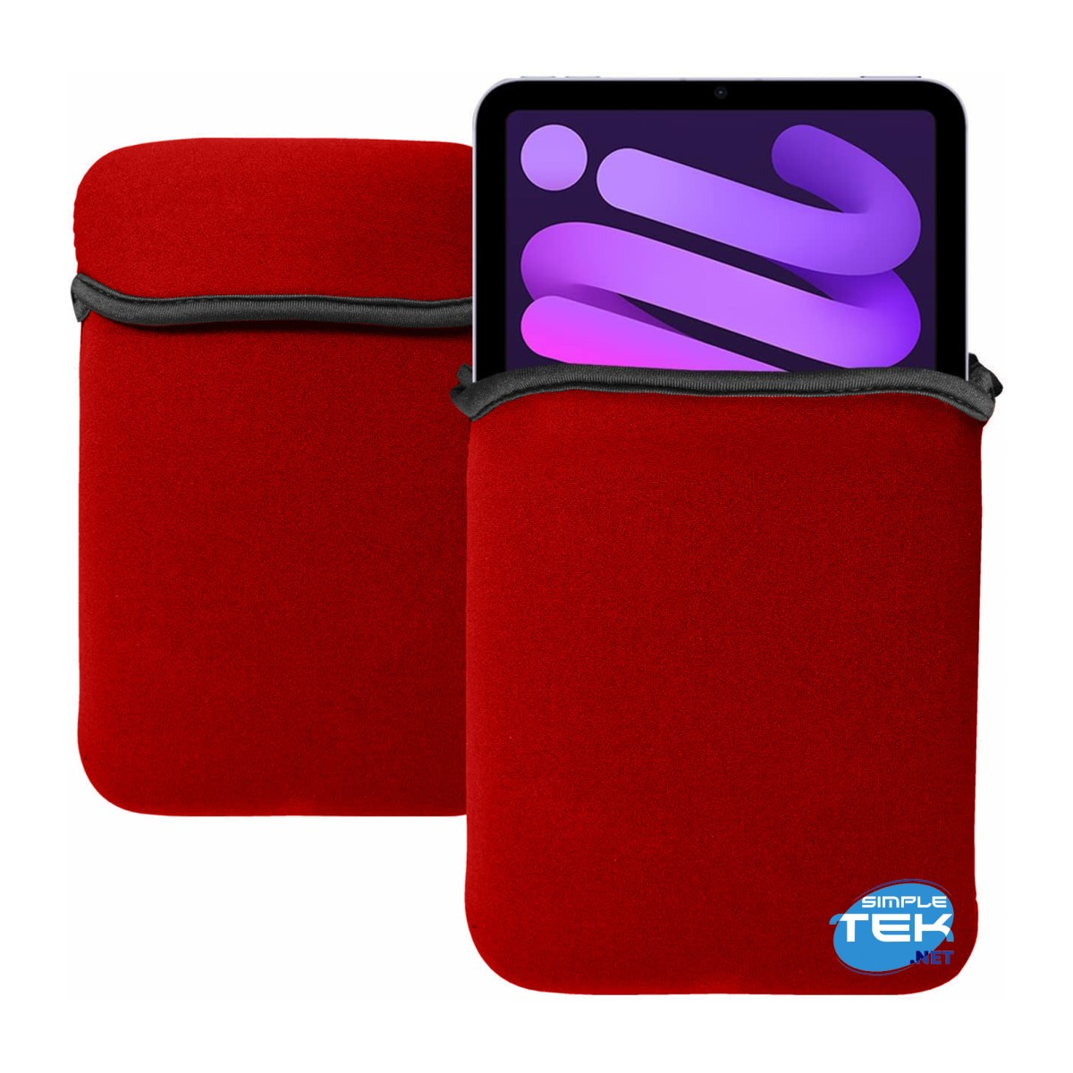 Due custodie rosse per tablet. Una mostra un tablet con sfondo astratto viola.