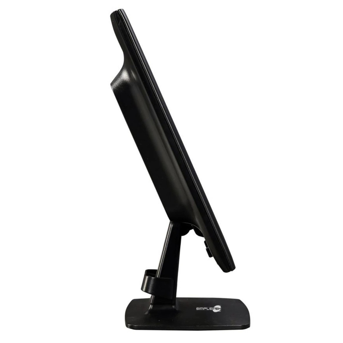 Un monitor nero con supporto, visto di lato.
