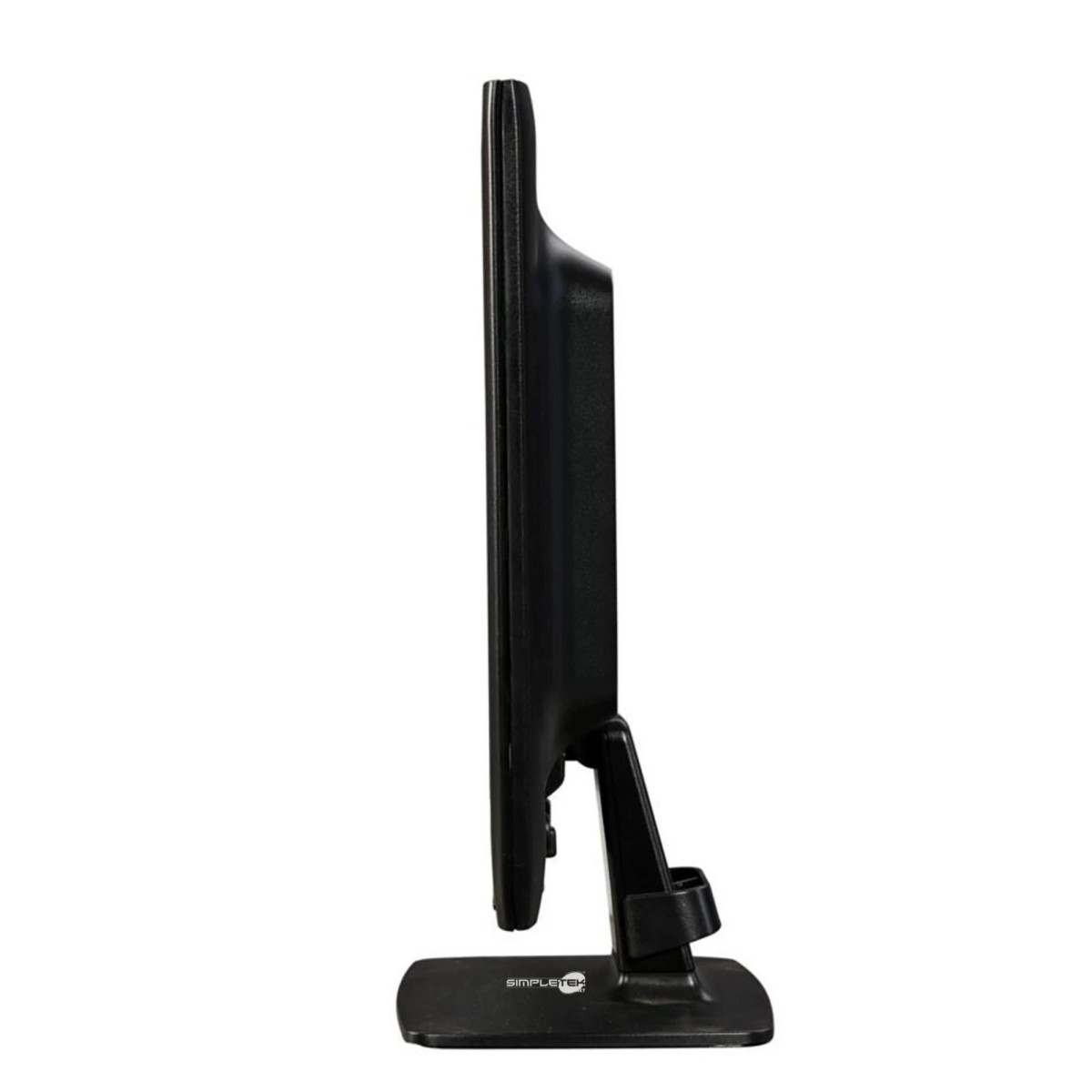 Vista laterale di un monitor nero con supporto. Lo schermo è sottile ed elegante.
