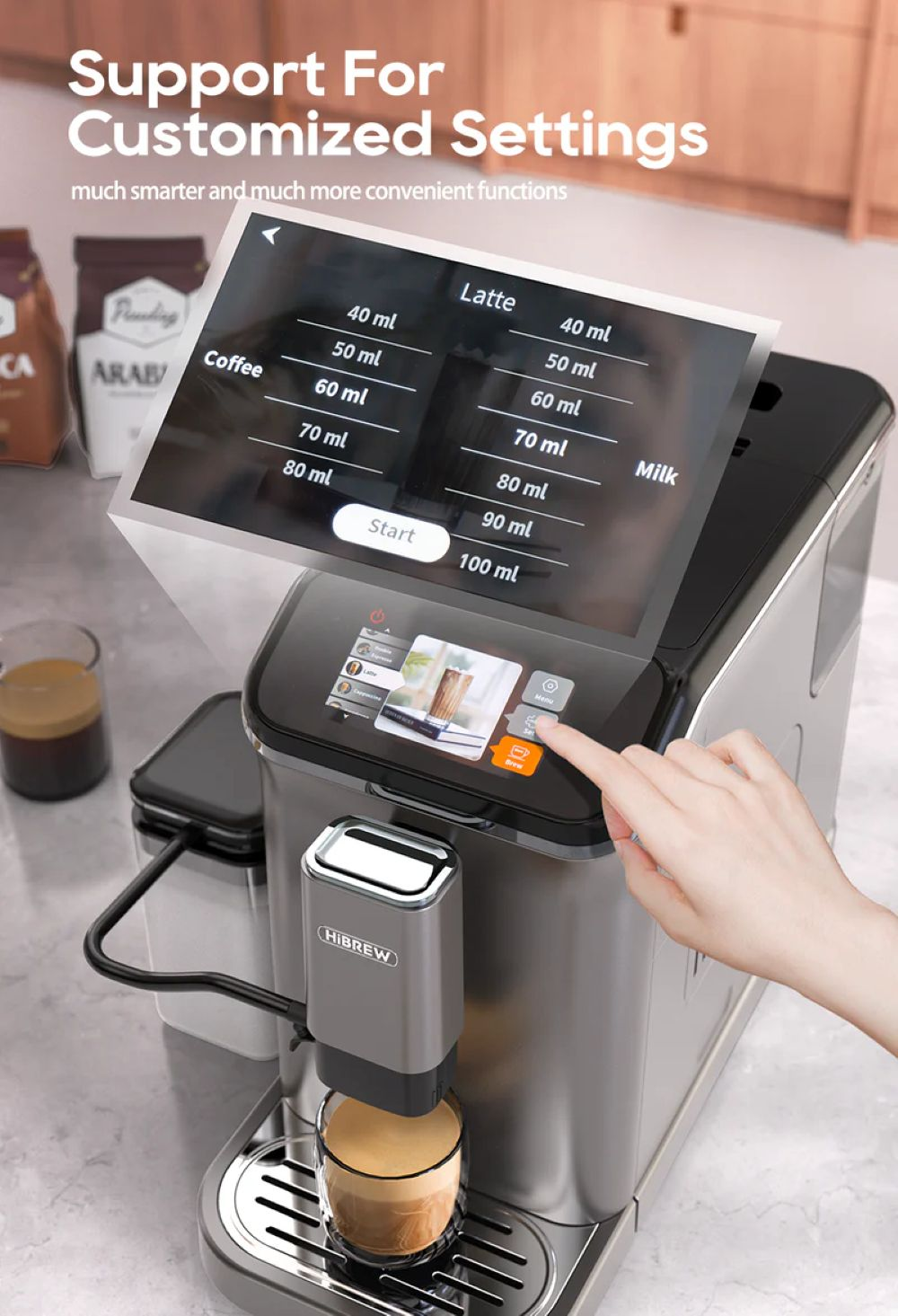 Una cafetera muestra ajustes de bebida para café, latte y leche en su pantalla. Una mano toca la pantalla.