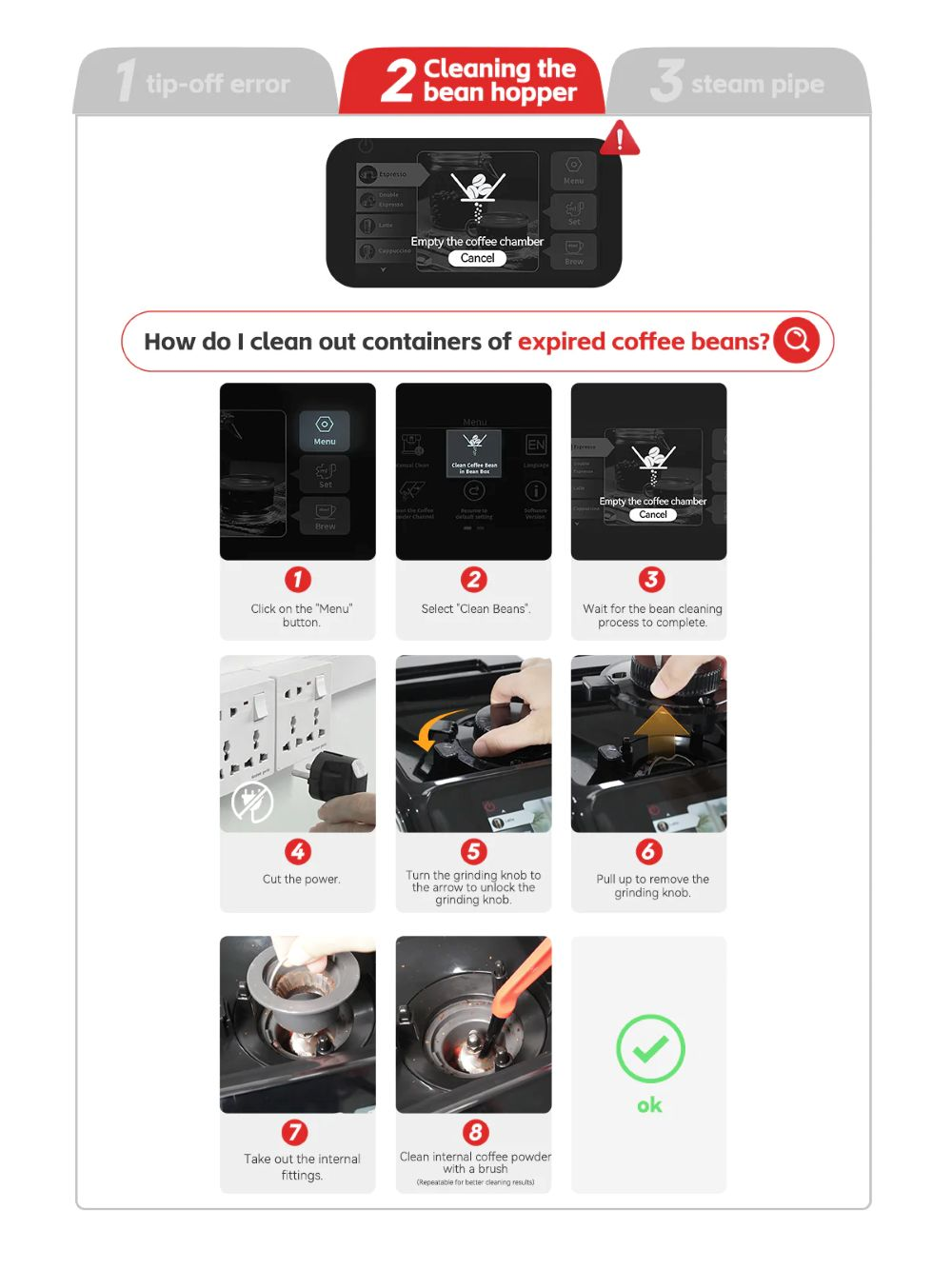 Instrucciones para limpiar el depósito de café: desenchufar, usar menú, limpiar piezas con cepillo.